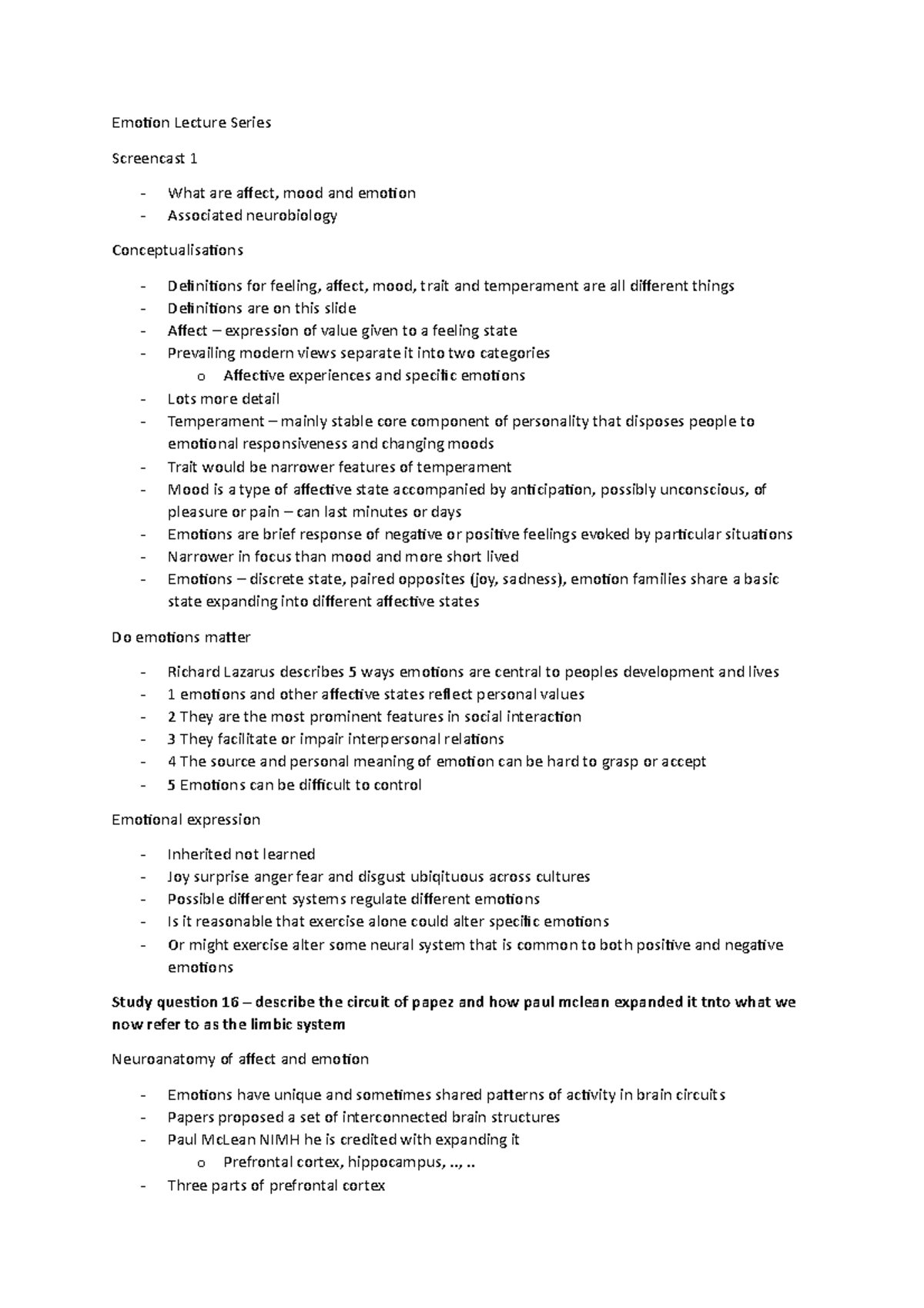 Emotion Lecture Notes - Emotion Lecture Series Screencast 1 What are ...