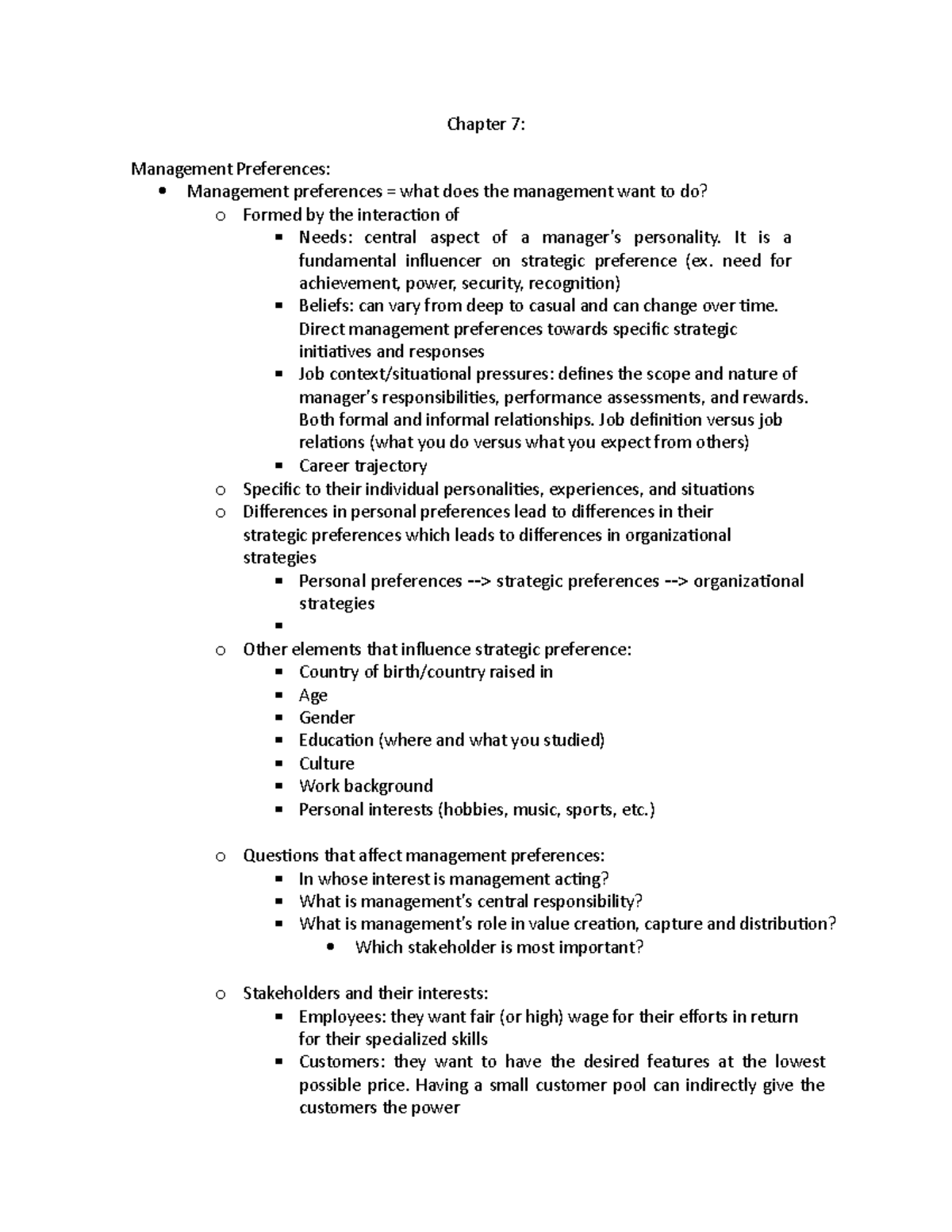 Chapter 7 and 6 notes - Chapter 7: Management Preferences: Management ...