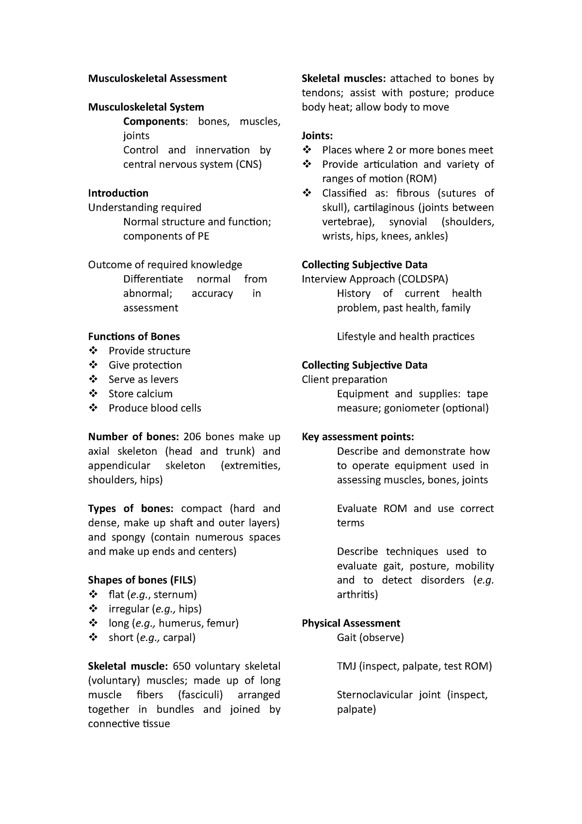 Musculoskeletal Assessment - Musculoskeletal Assessment Musculoskeletal ...