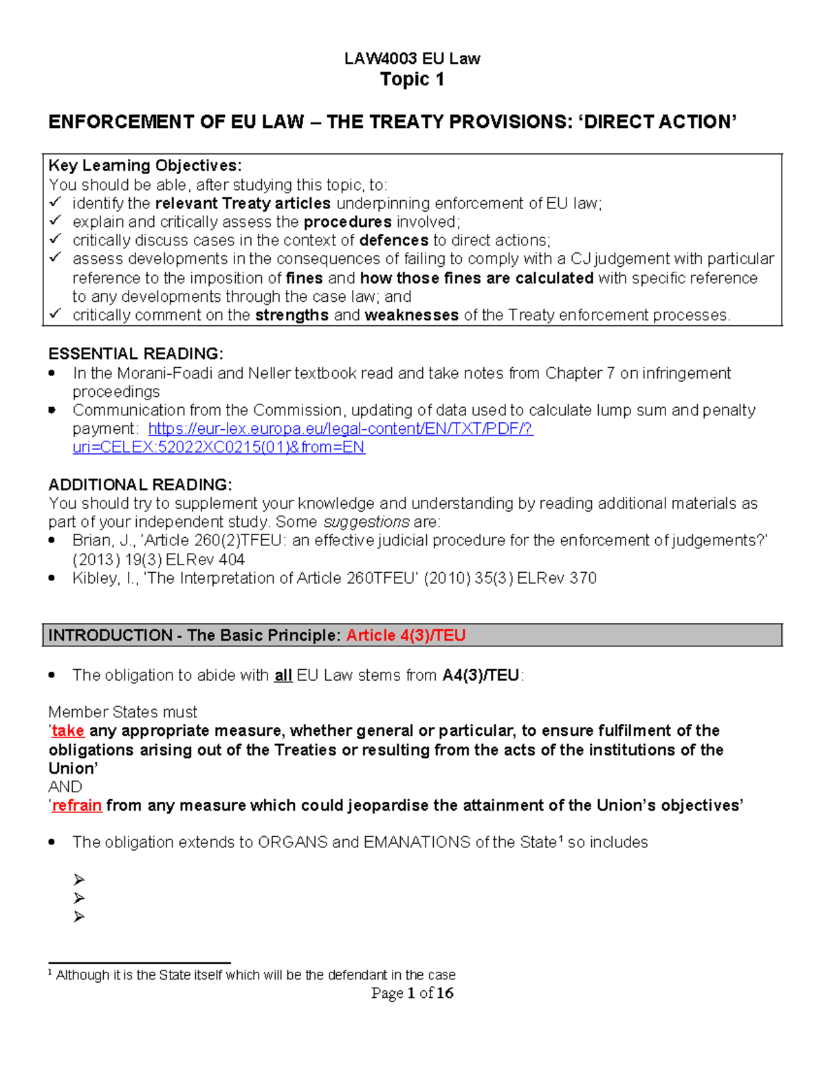 Topic 1 The Enforcement of EU Law - The Treaty Provisions Direct Action ...