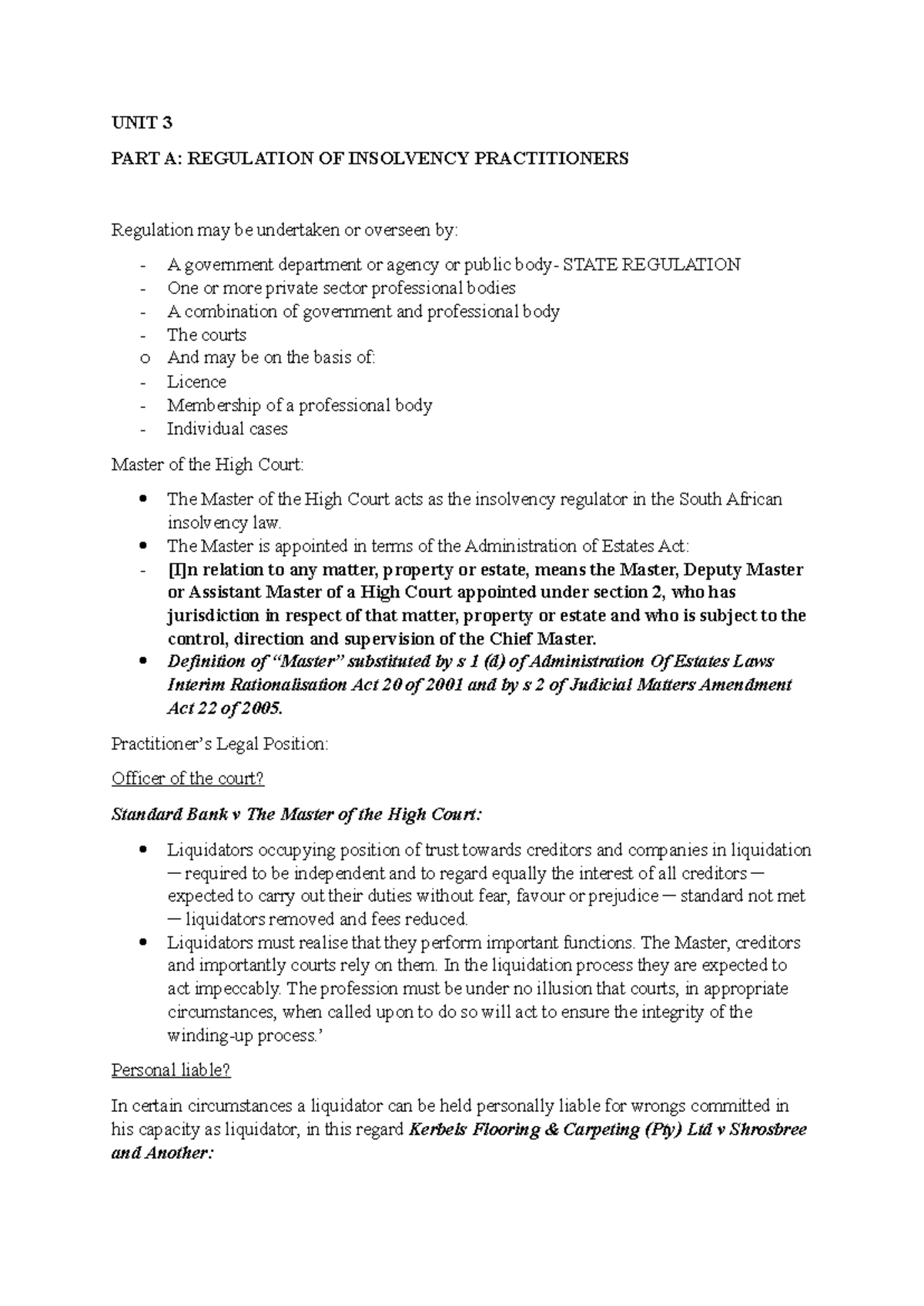 Unit 3 Part A Notes Summary Law Of Insolvency Unit 3 Part A