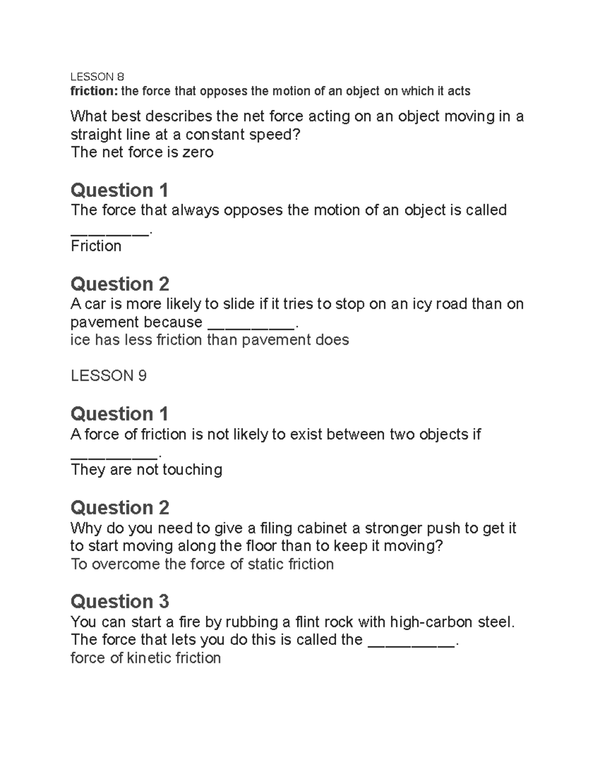 Force and motion lesson 8-10 - LESSON 8 friction: the force that ...