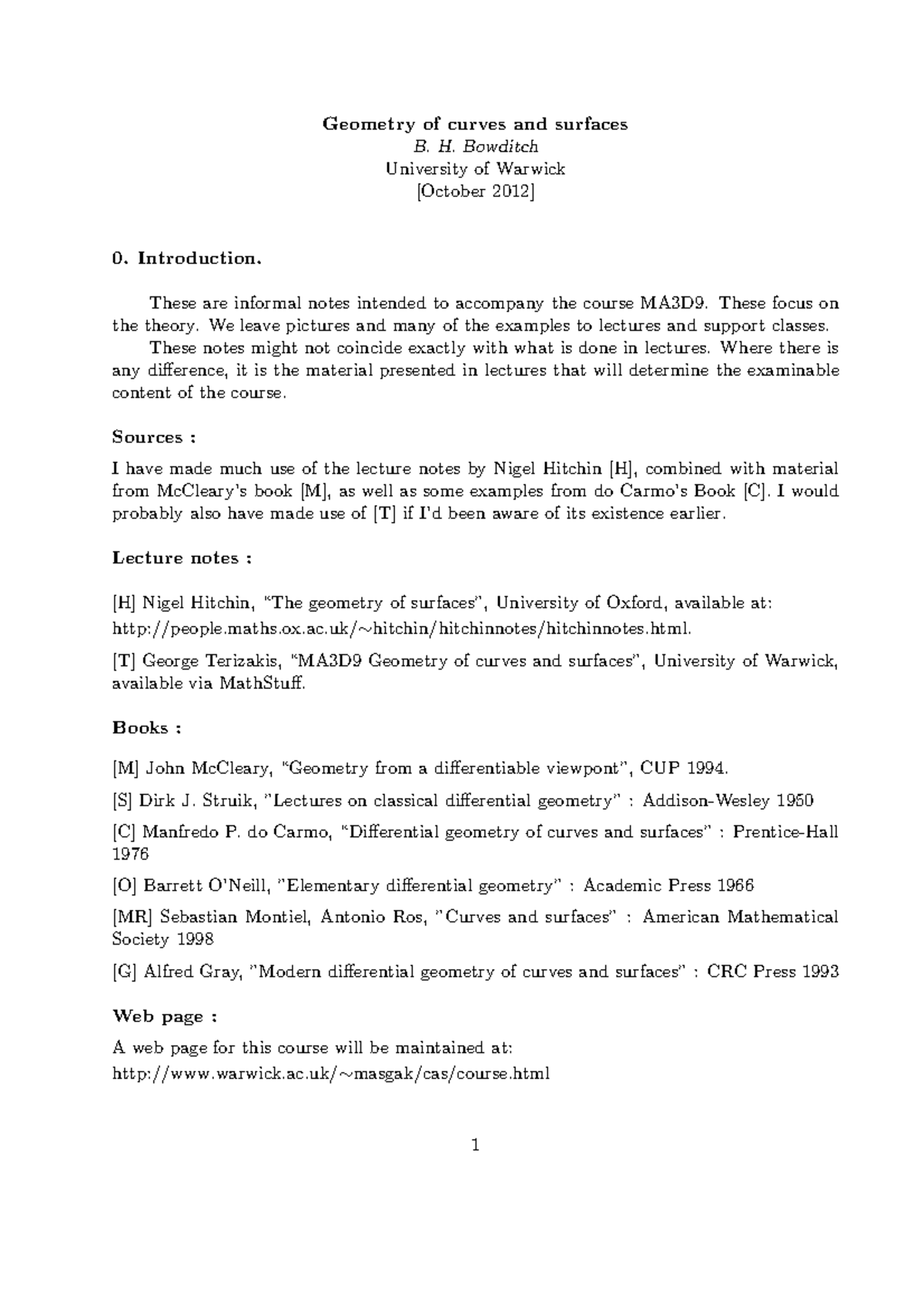 MA3D9 2012-2013 Lecture Notes (all) - Geometry of curves and surfaces B ...