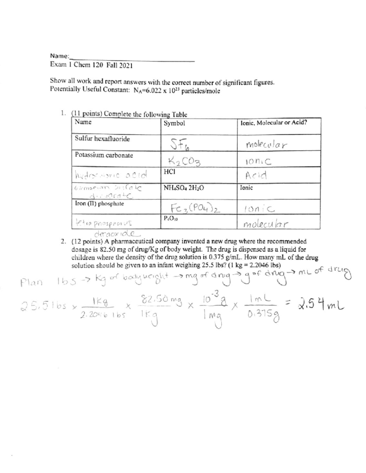 Exam1 Fall2021 key - Name: Exam 1 Chem 120 Fall 2021 Show all work and ...
