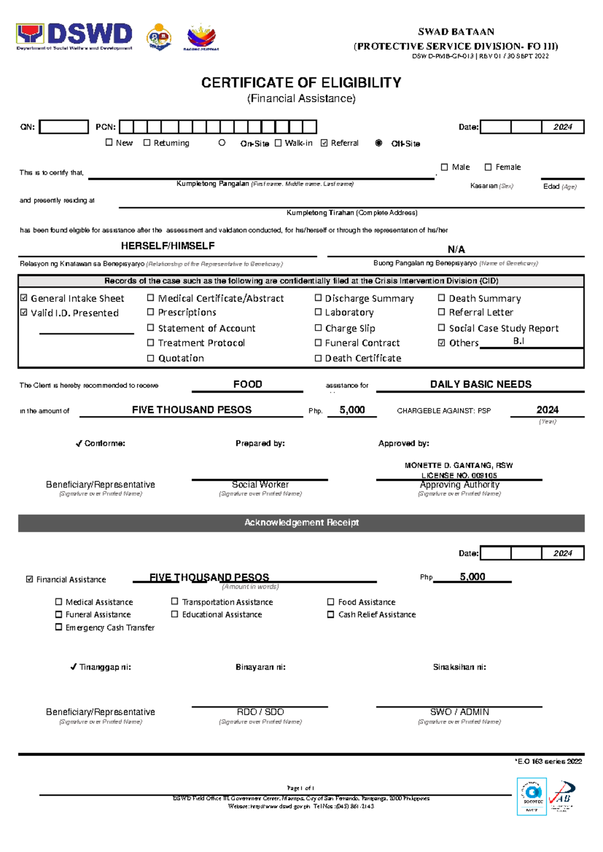 DSWD Certificate OF Eligibility - QN: PCN: Date: 2024 Off-Site This is ...