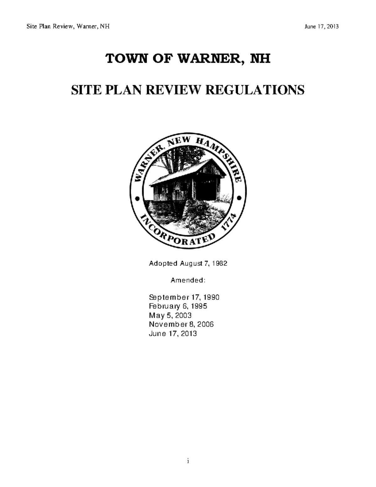 2013 Site Plan Review Regulations i TOWN OF WARNER, NH SITE PLAN