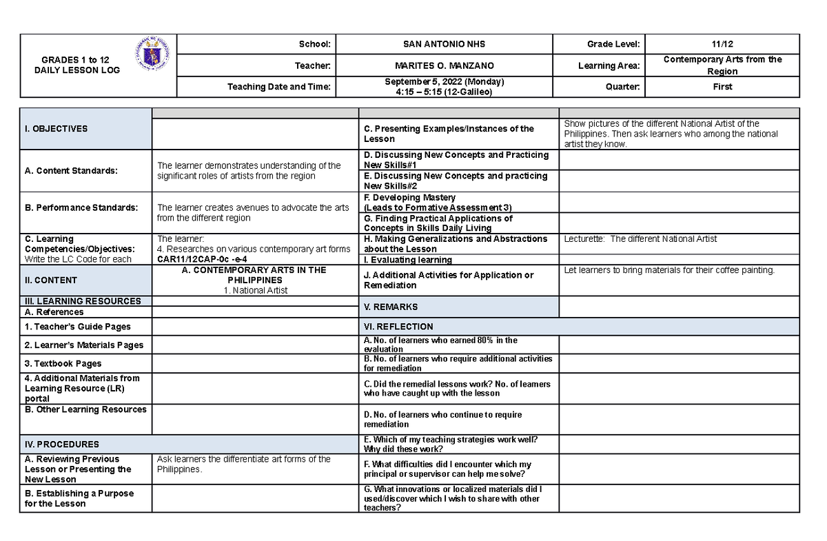 Week 2 Contemorary Arts - GRADES 1 to 12 DAILY LESSON LOG Teacher ...