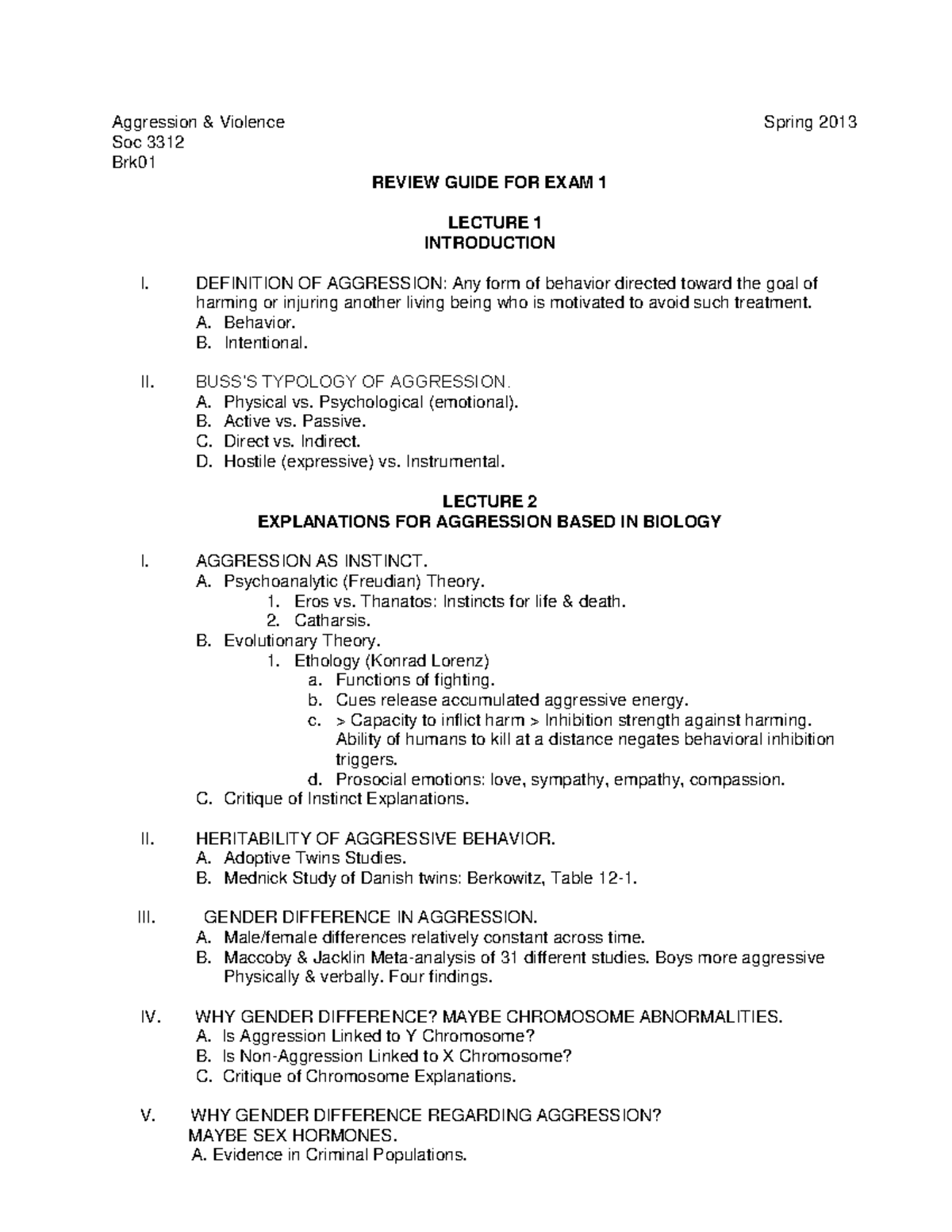 Exam 1 Study Guide - Aggression Violence Soc 3312 Brk01 Spring 2013 ...