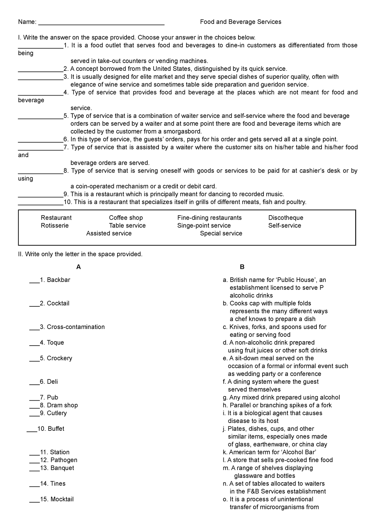 FBS- Summative TEST - Name: ____________________________________ Food ...