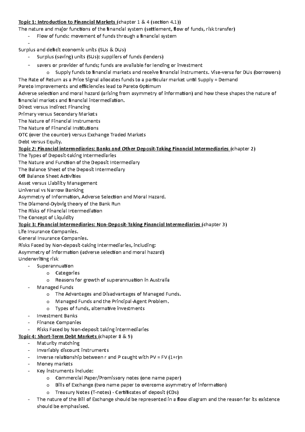 Mid sem notes - Topic 1: Introduction to Financial Markets (chapter 1 ...
