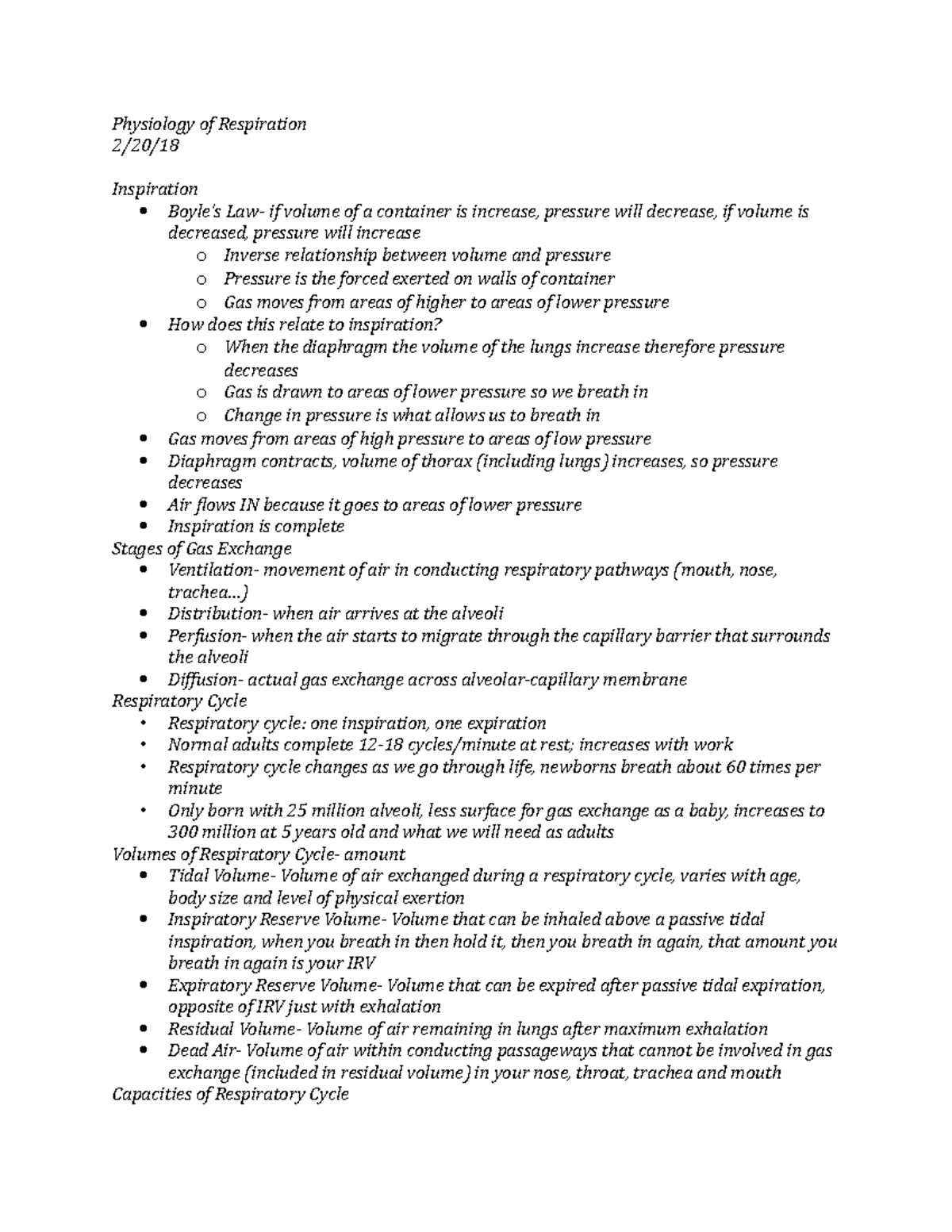 Physiology of Respiration Notes - Physiology of Respiration 2/20 ...