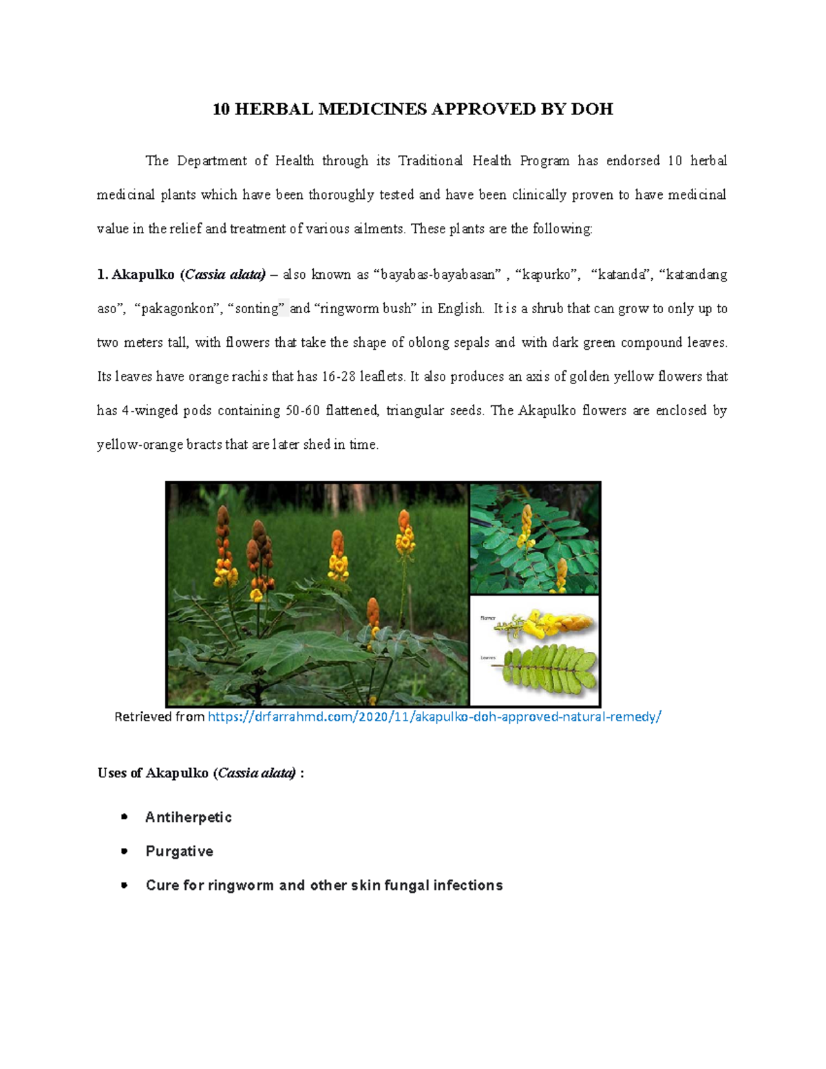 10 Herbal Medicines Approved BY DOH 10 HERBAL MEDICINES APPROVED BY