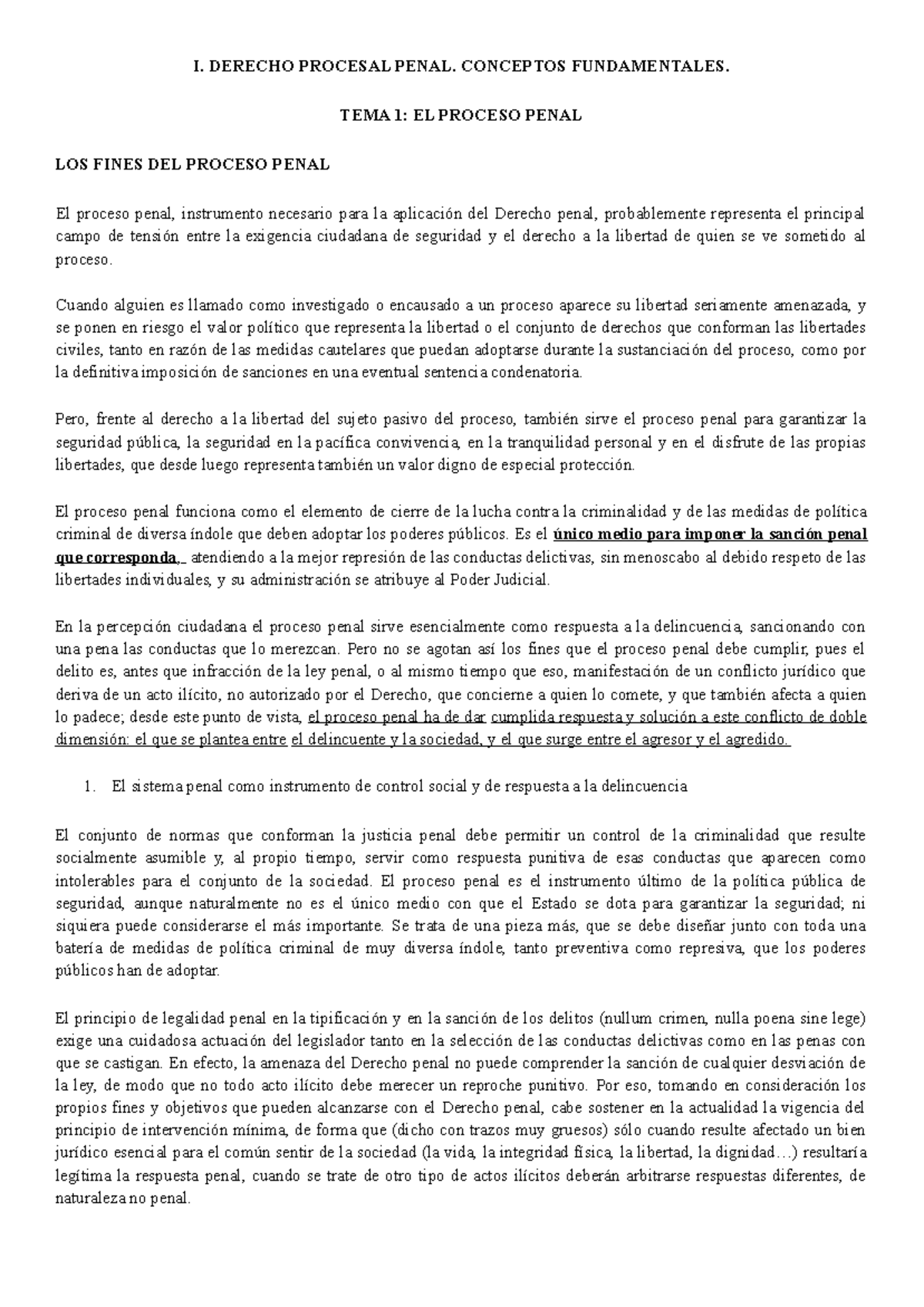 TEMA 1 Apuntes Procesal Penal - I. DERECHO PROCESAL PENAL. CONCEPTOS ...