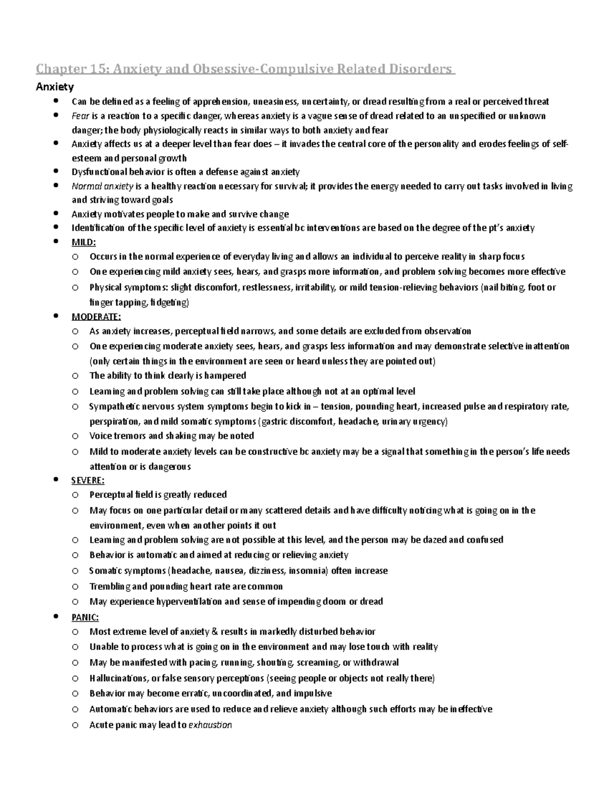 Docx-2 - Lecture notes chapter 14 - Chapter 15: Anxiety and Obsessive ...