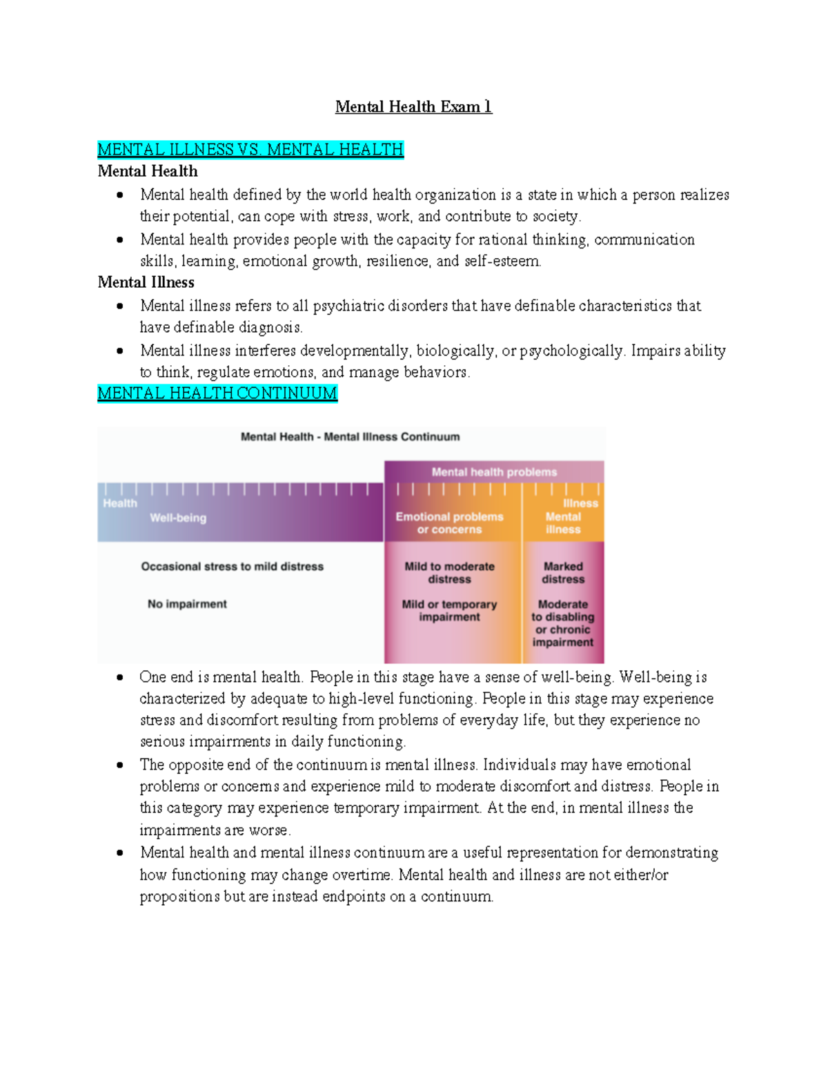 Mental Health Exam 1 Elsa Mental Health Exam 1 MENTAL ILLNESS VS