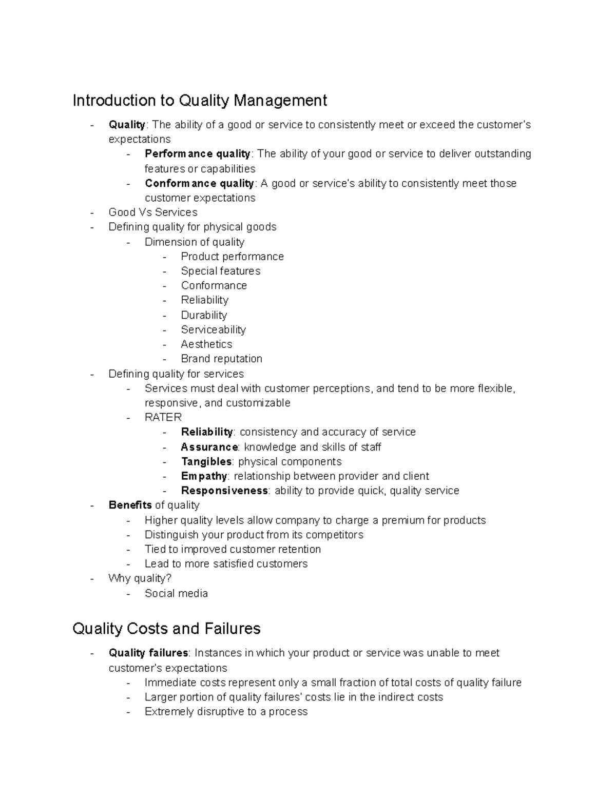 SCMA 320 Module 7 - Introduction To Quality Management Quality: The ...