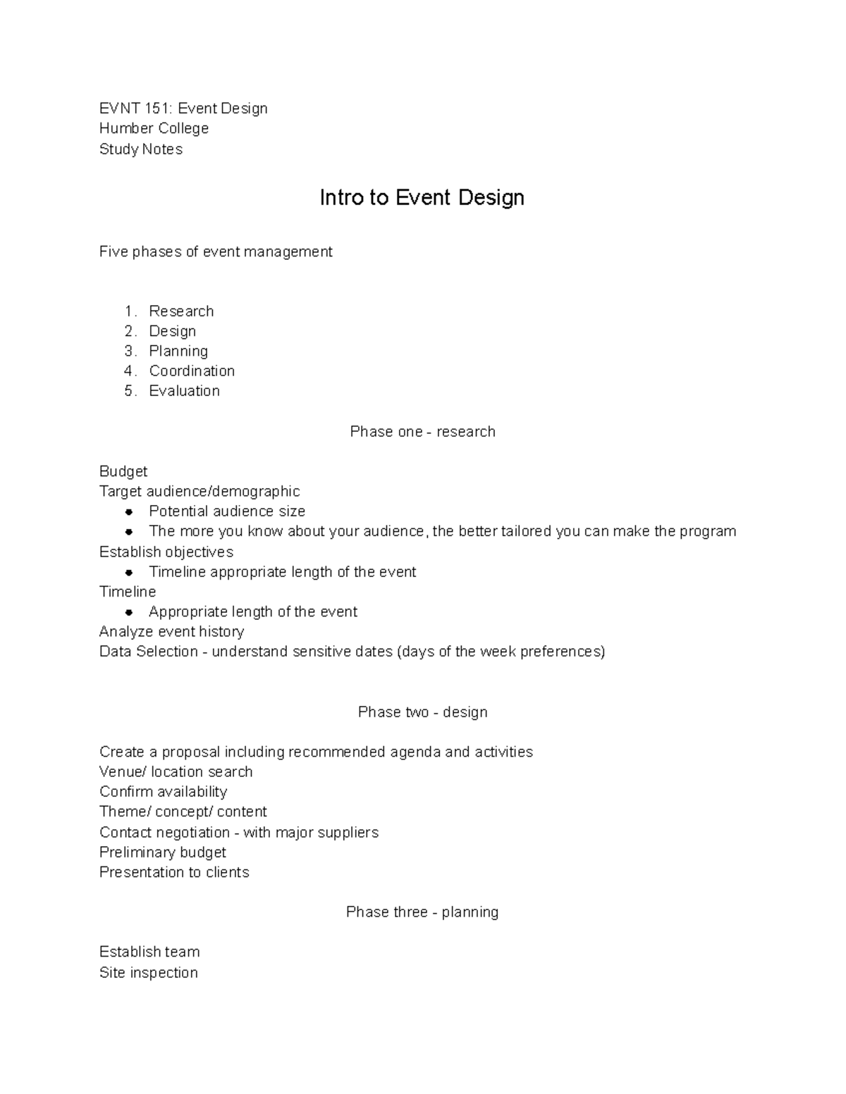 Intro to Event Design - EVNT 151: Event Design Humber College Study ...