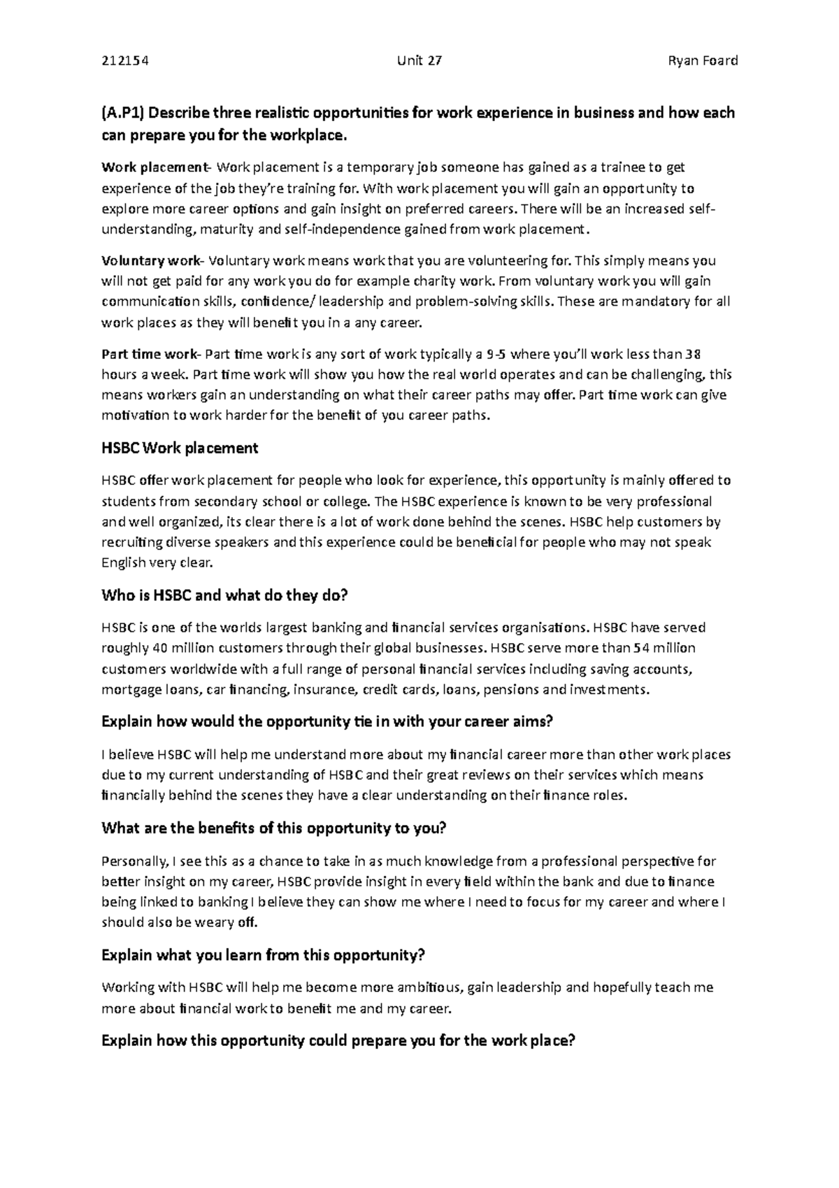 Unit 27 P1 gggggg 212154 Unit 27 Ryan Foard (A) Describe three realistic opportunities for