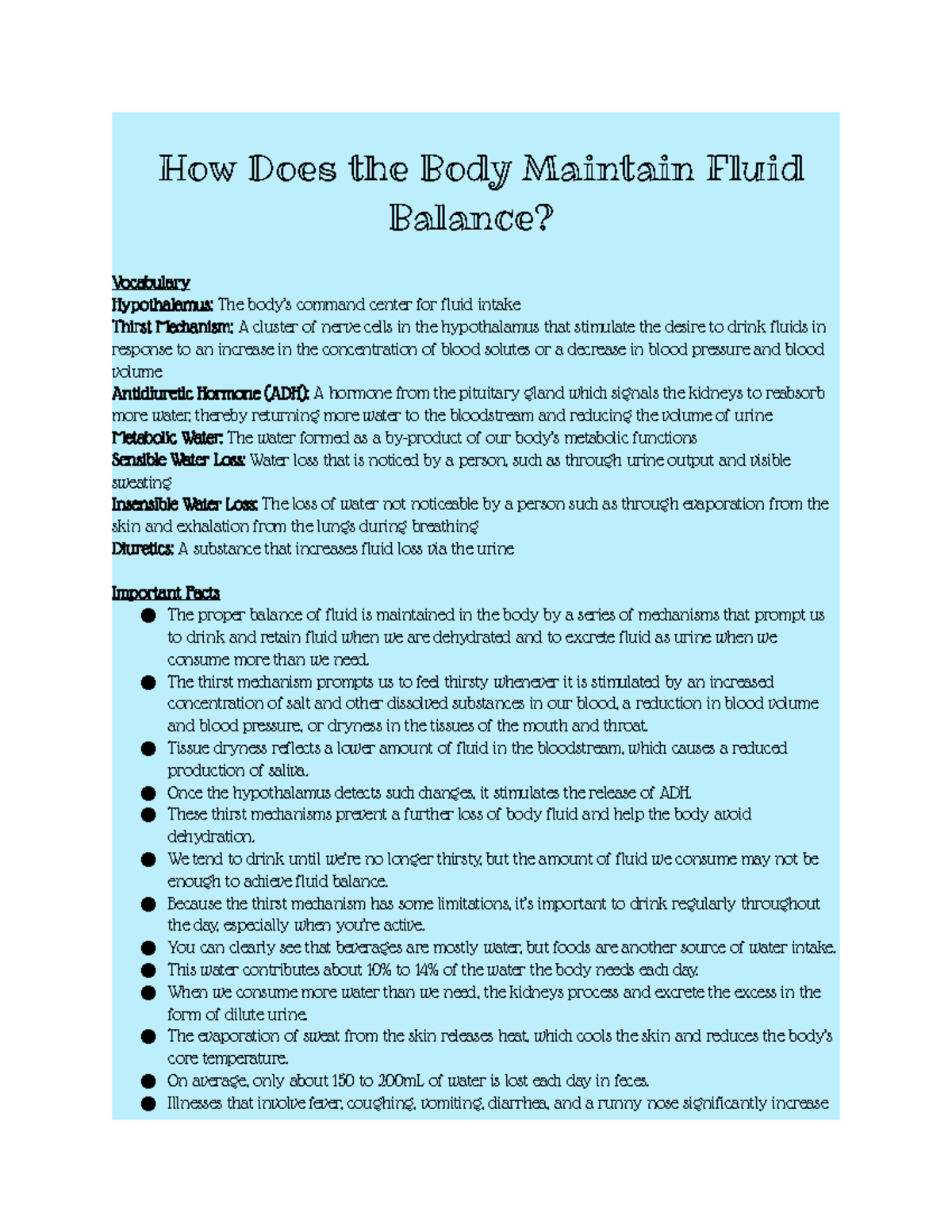 Ch. 7.3 Notes How Does the Body Maintain Fluid Balance? Vocabulary Hypothalamus The body’s