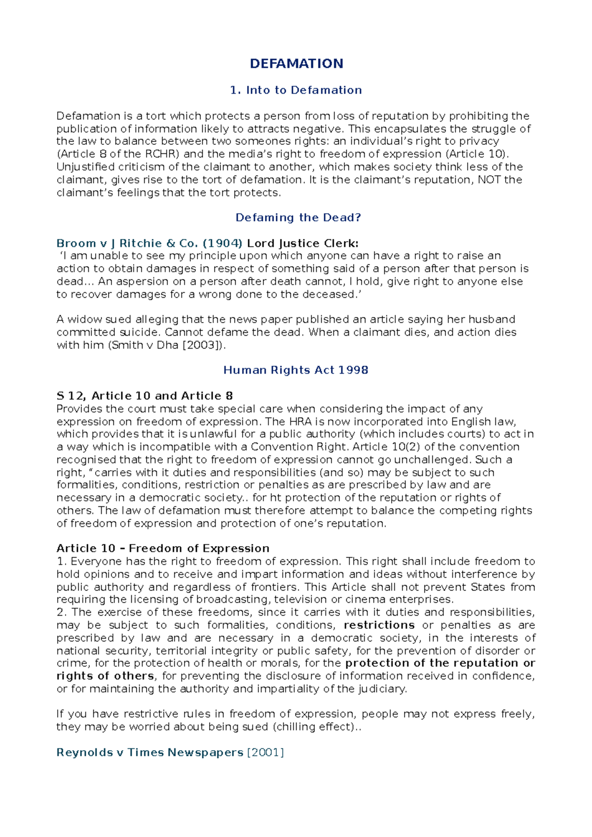 Defamation - DEFAMATION 1. Into to Defamation Defamation is a tort ...