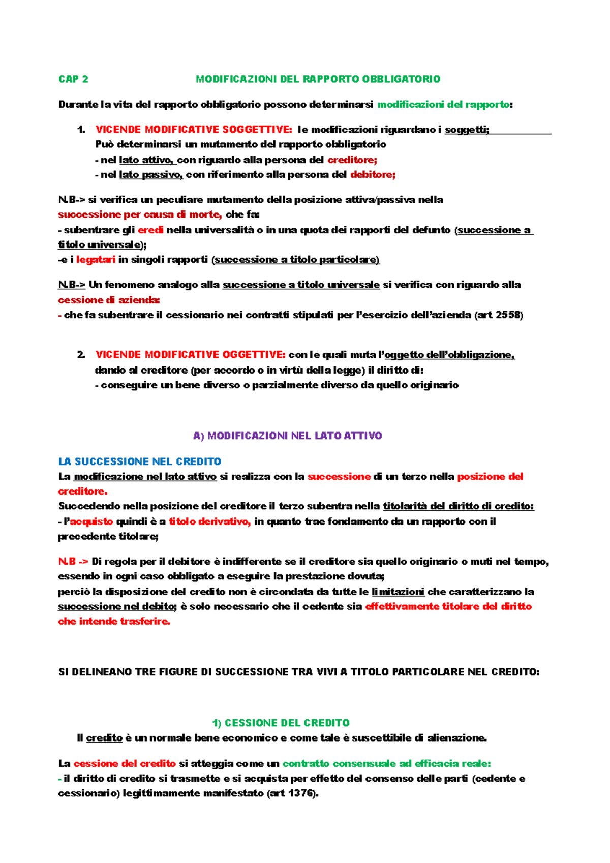 CAP.2 (modificazioni Del Rapporto Obbligatorio) - CAP 2 MODIFICAZIONI ...