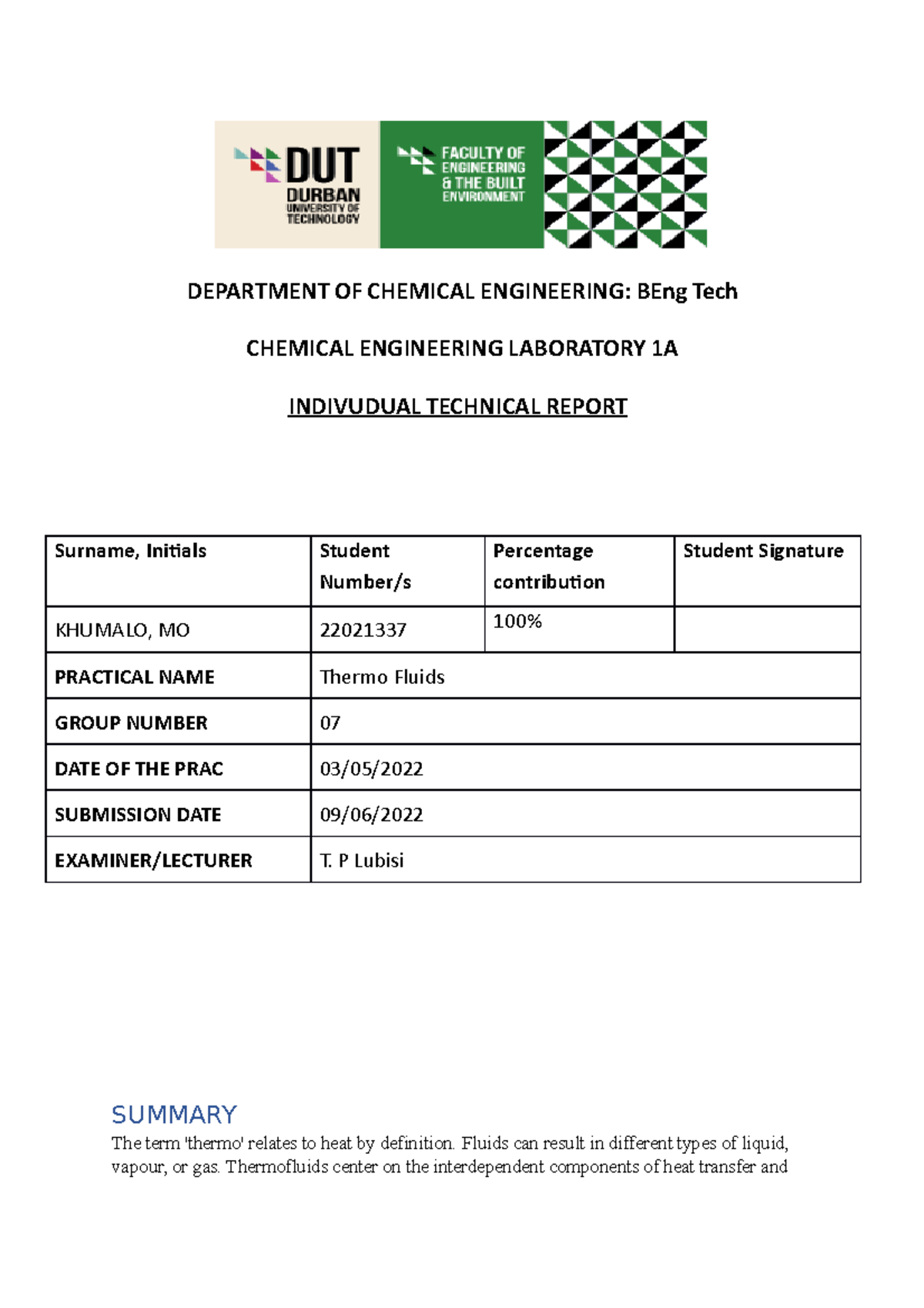 Thermo fluids 22021337 - DEPARTMENT OF CHEMICAL ENGINEERING: BEng Tech ...