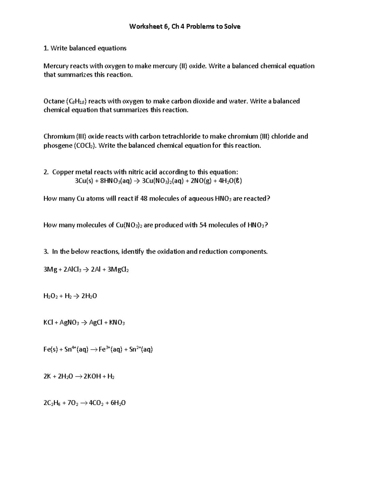 Worksheet Ch 4 - Worksheet 6, Ch 4 Problems to Solve Write balanced ...