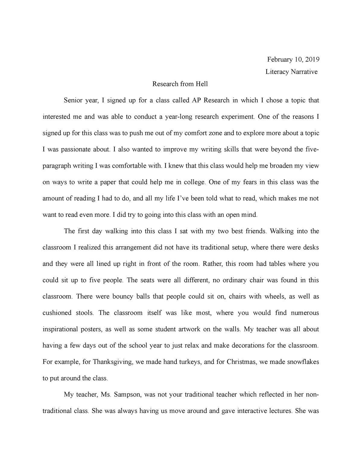 literacy narrative essay examples about reading writing