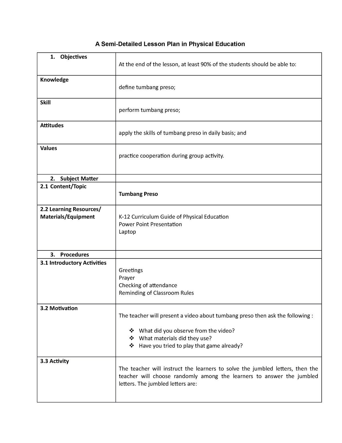 Lesson Plan In Physical Education - A Semi-Detailed Lesson Plan In ...