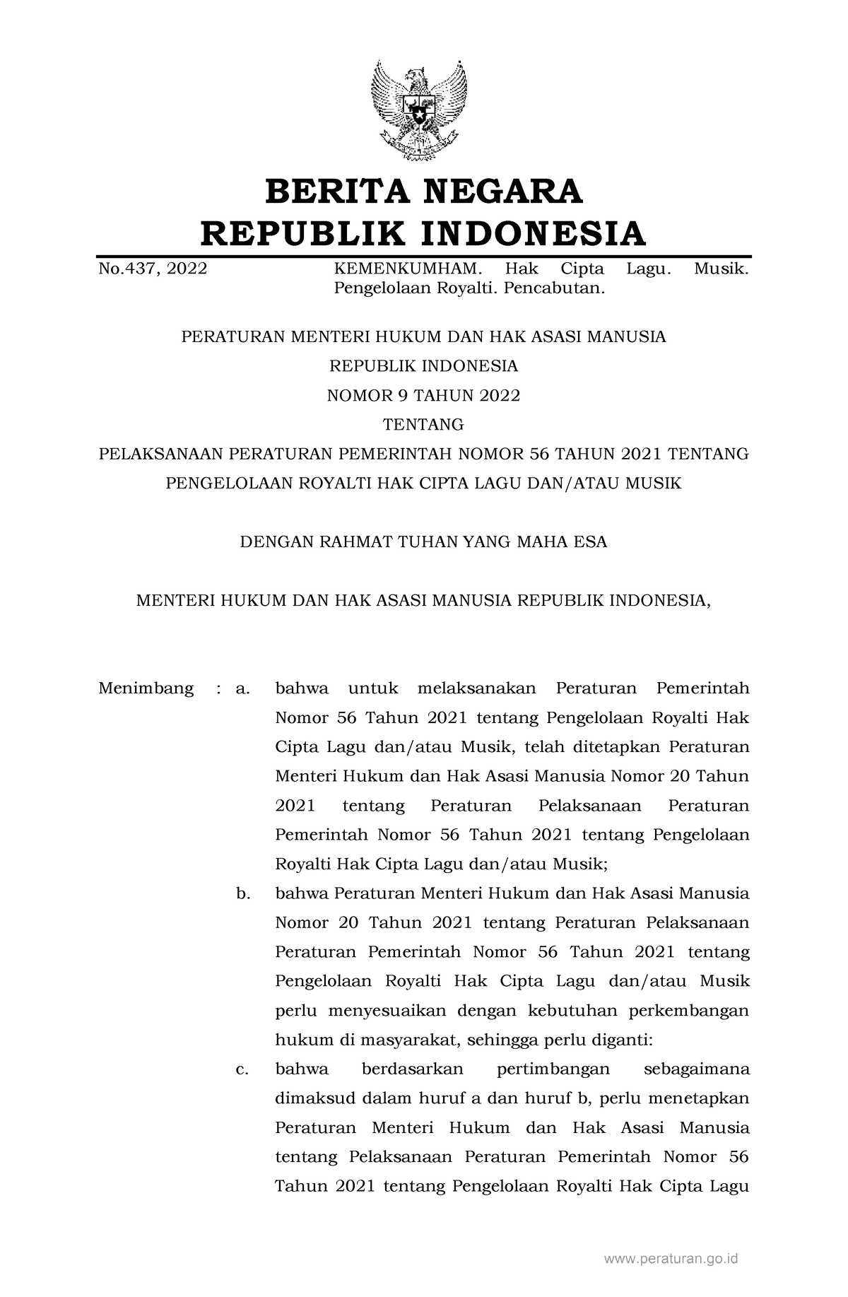 Nomor 9 Tahun 2022 - Hak Cipta - BERITA NEGARA REPUBLIK INDONESIA No ...