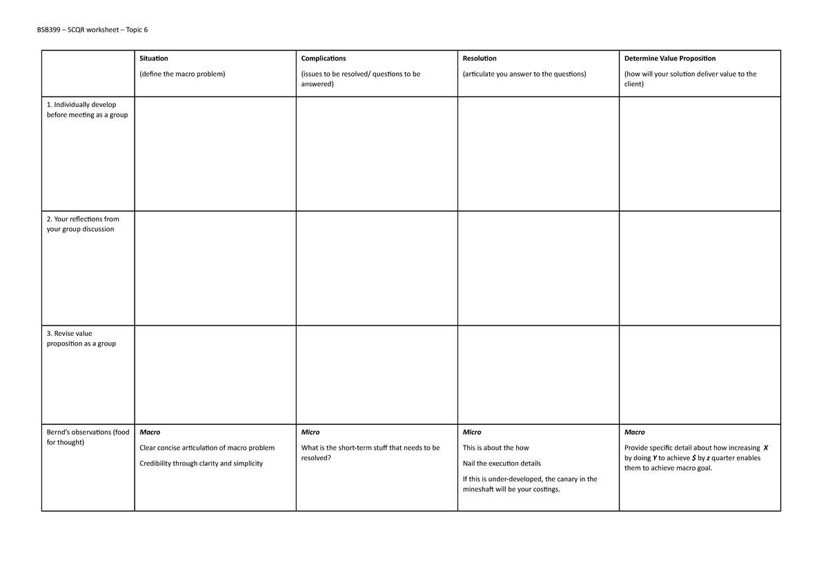 BSB399 SCQR Worksheet - BSB399 – SCQR worksheet – Topic 6 Situation ...