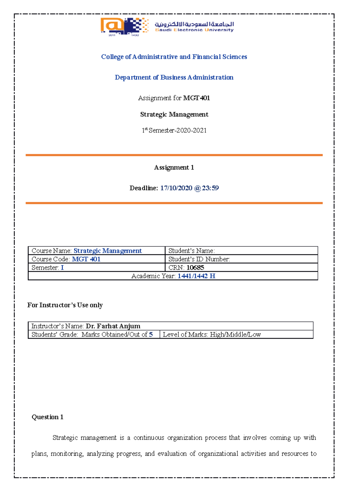 MGT401-Assignment 1 - Management And Decision-making - College Of ...