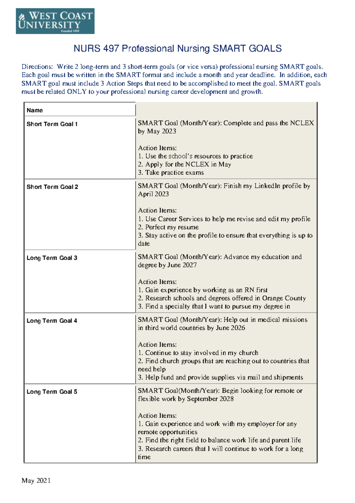 Smart Goals New - Worksheet - May 2021 NURS 497 Professional Nursing ...