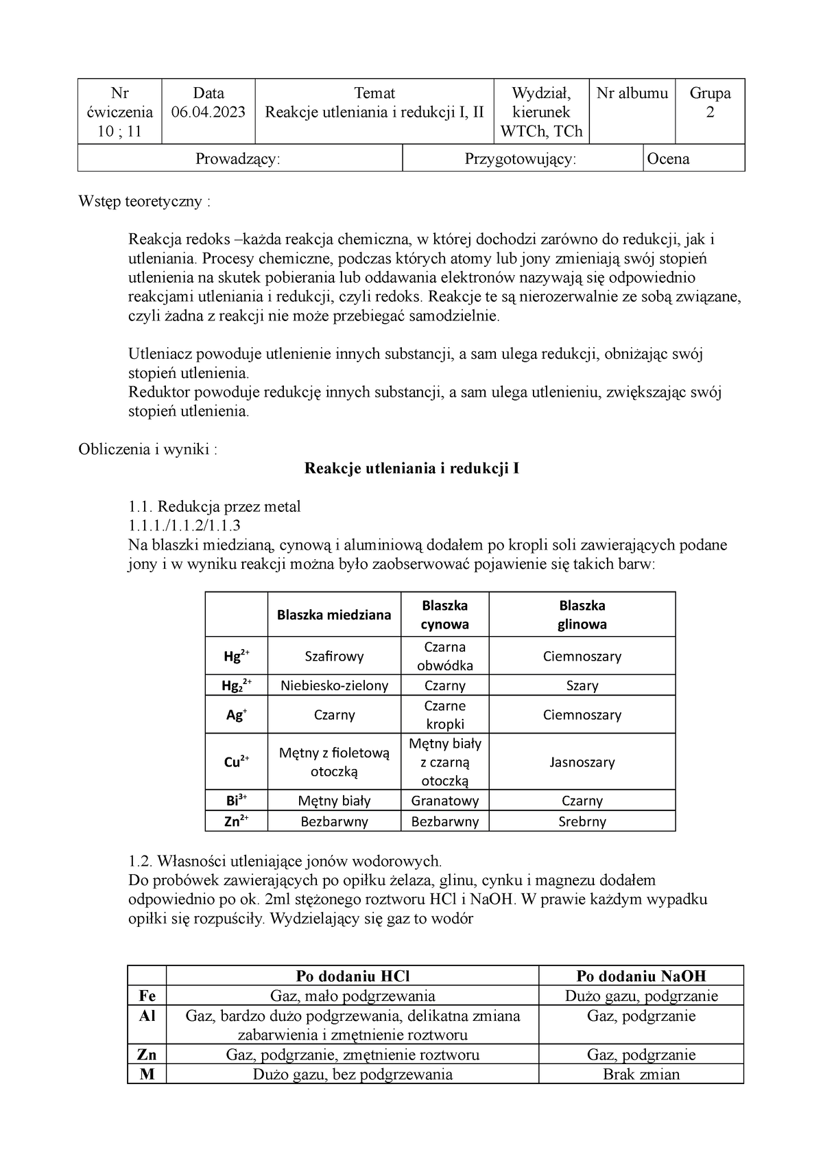 Sprawko Redoksy Sprawozdanie Z Redoksów Nr ćwiczenia 10 11 Data 06 Temat Reakcje 2902