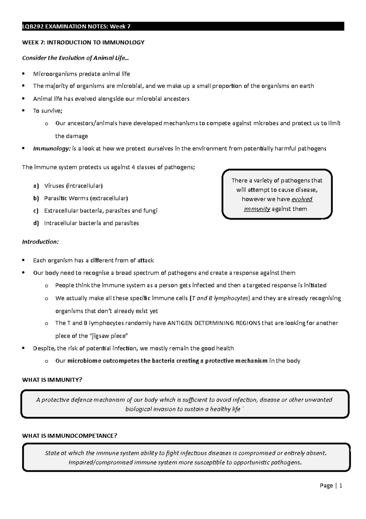 Week 7 Immunology Notes - LQB292 EXAMINATION NOTES: Week 7 WEEK 7 ...