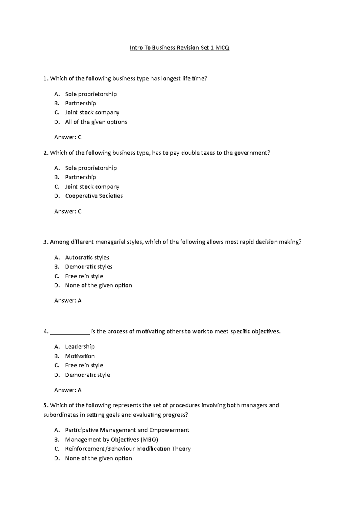 Revision SET 1 - Intro To Business Revision Set 1 MCQ Which of the ...