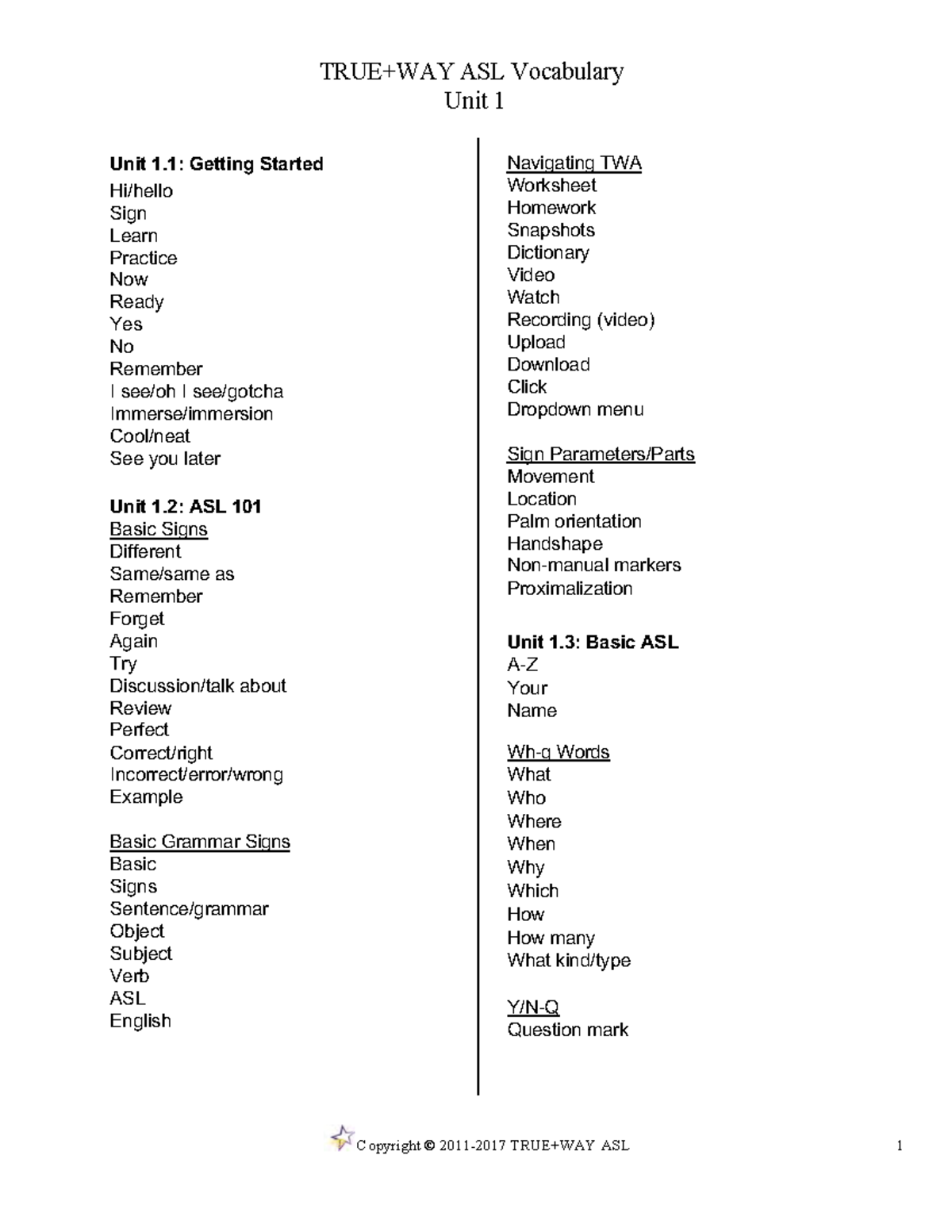 ASL YEAR 1 - Unit 1 Vocabulary List - Unit 1 Copyright © 2011-2017 TRUE ...