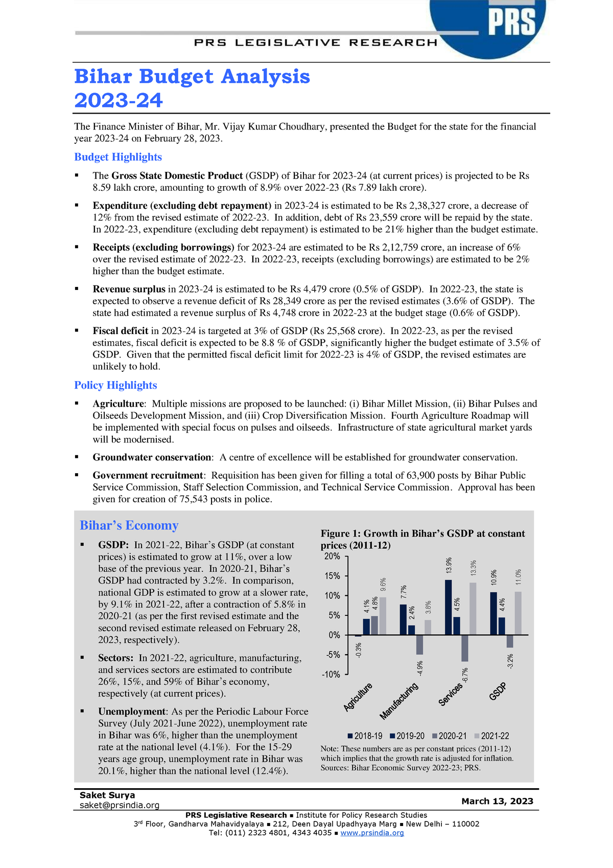 Bihar Budget Analysis 2023-24 - Saket Surya Saket@prsindia March 13 ...
