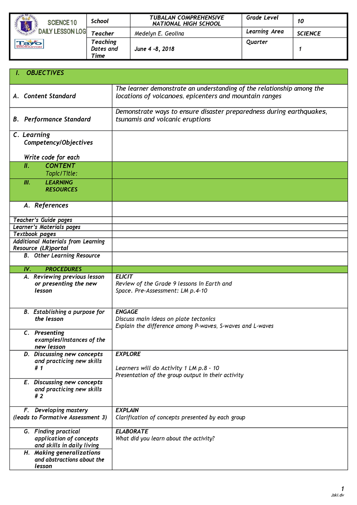 7es Lesson Plan Template 1pdf - 1 Jski School TUBALAN COMPREHENSIVE ...