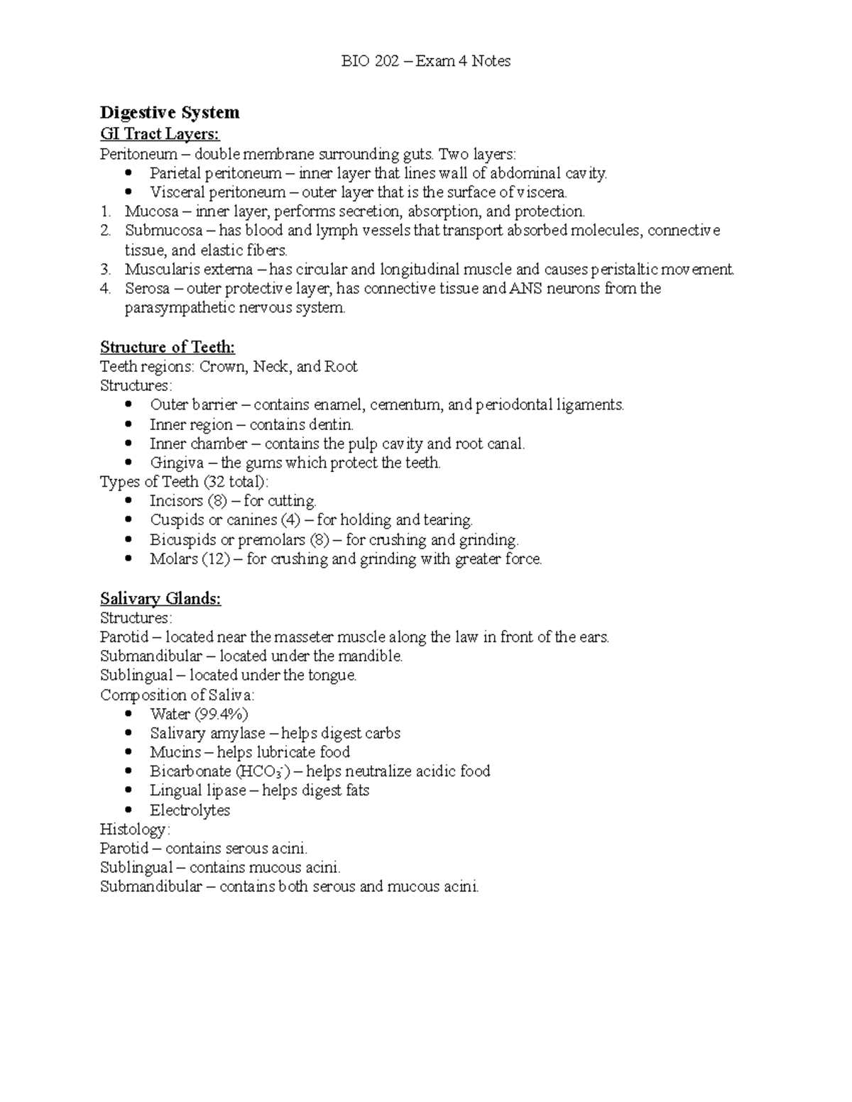 BIO 202 - Exam 4 Study Guide - Digestive System GI Tract Layers ...