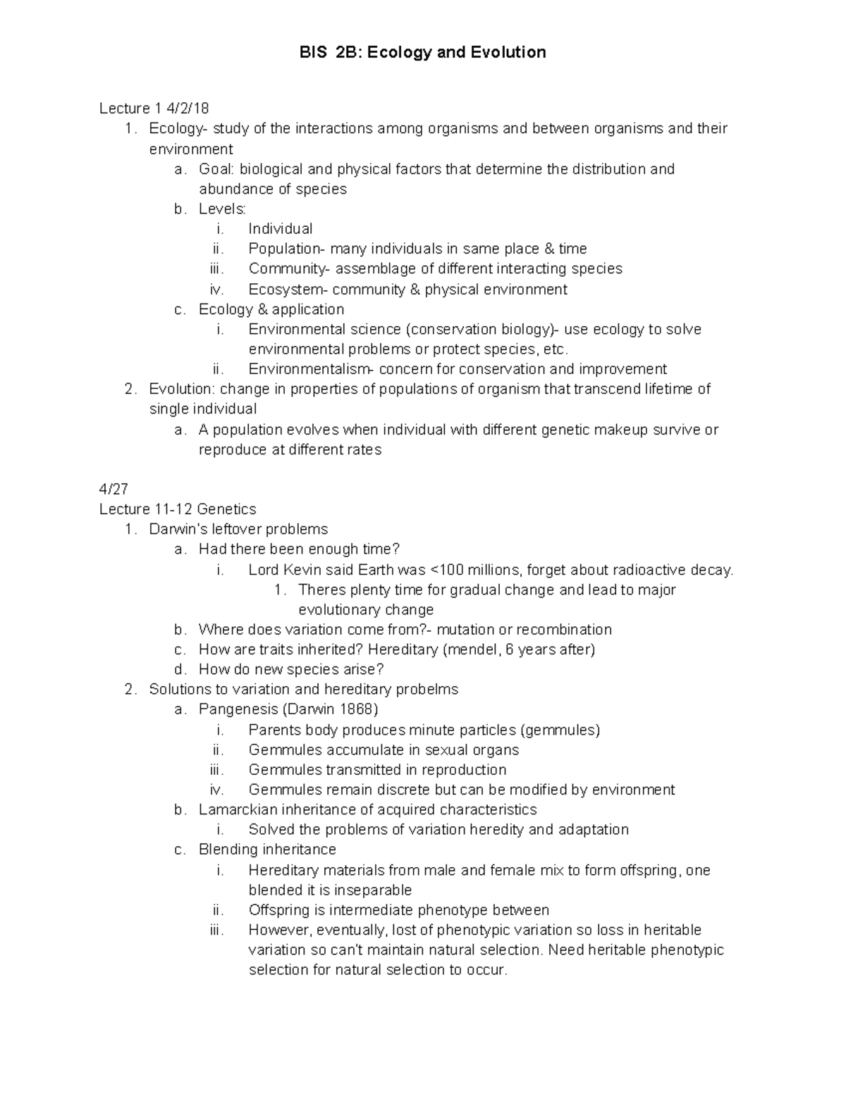 BIS 2b Lecture - Lecture 1 4/2/ 1. Ecology- study of the interactions ...