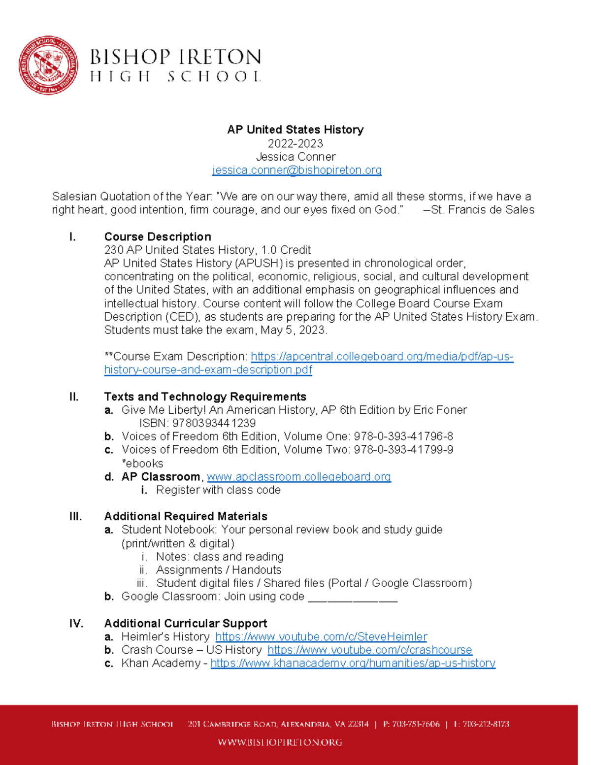 Apush Syllabus 2022 2023 - AP United States History 2022- Jessica ...