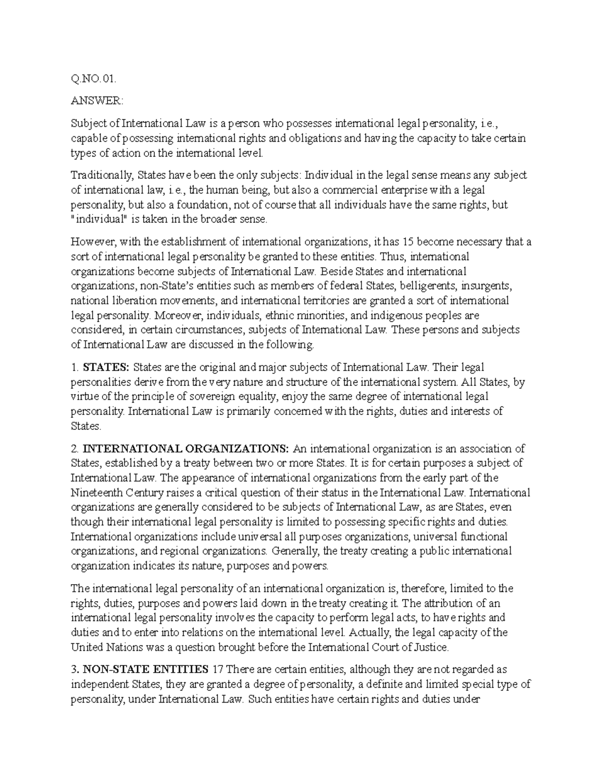 PIL 2 - Lecture notes 3 - Q.NO. ANSWER: Subject of International Law is ...