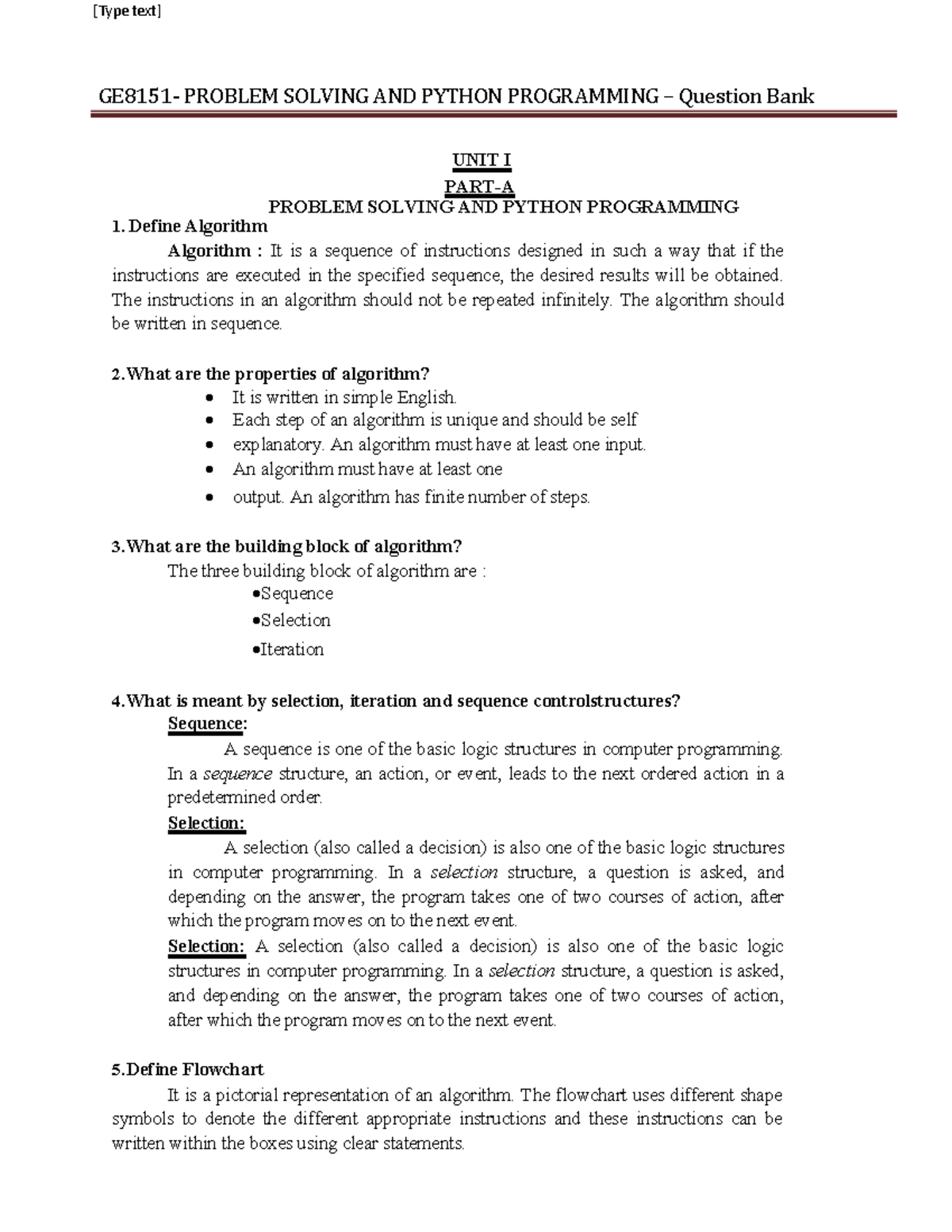 17. Question BANK - PROBLEM SOLVING AND PYTHON PROGRAMMING QB - GE8151 ...