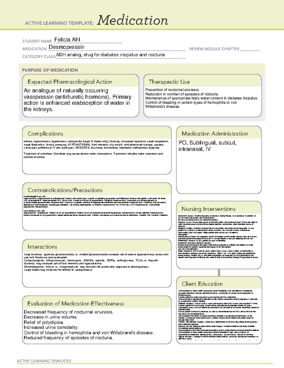 Desmopressin Drug Cards ACTIVE LEARNING TEMPLATES Medication STUDENT NAME Studocu