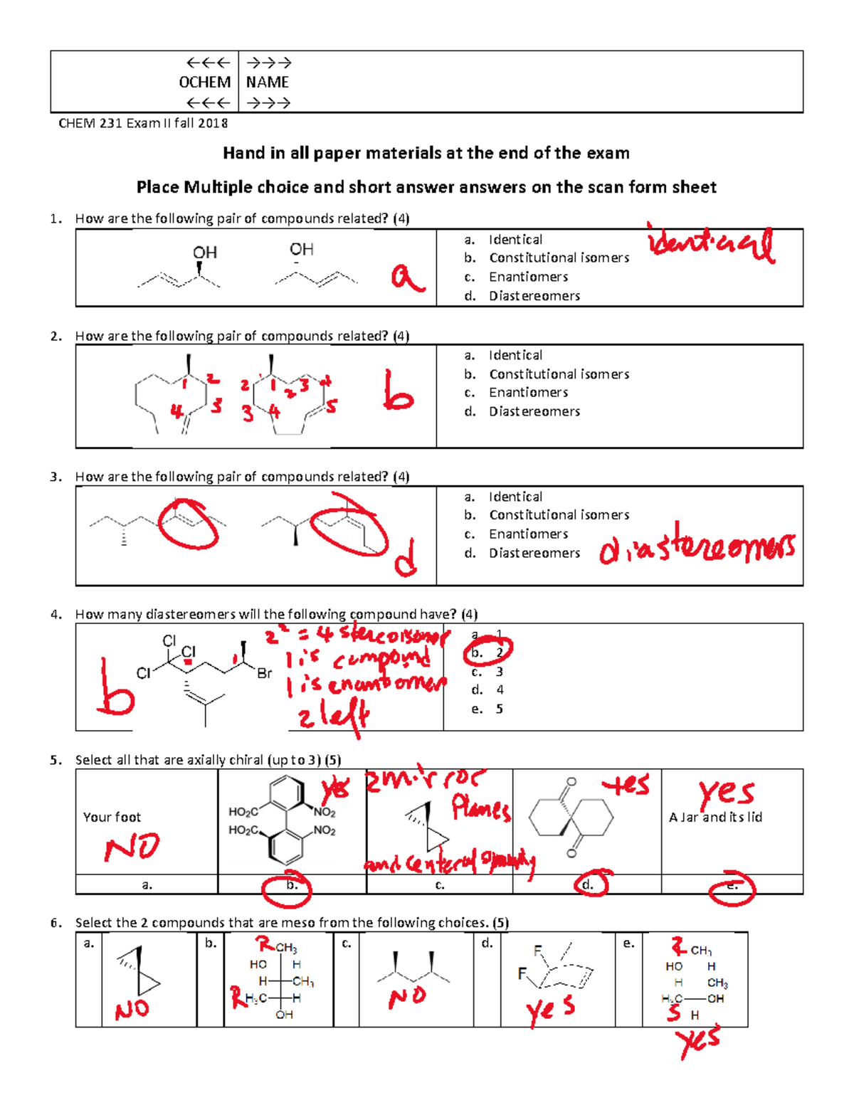 2018 Exam 2 For Ochem - ←←← OCHEM ←←← →→→ NAME →→→ CHEM 231 Exam II ...