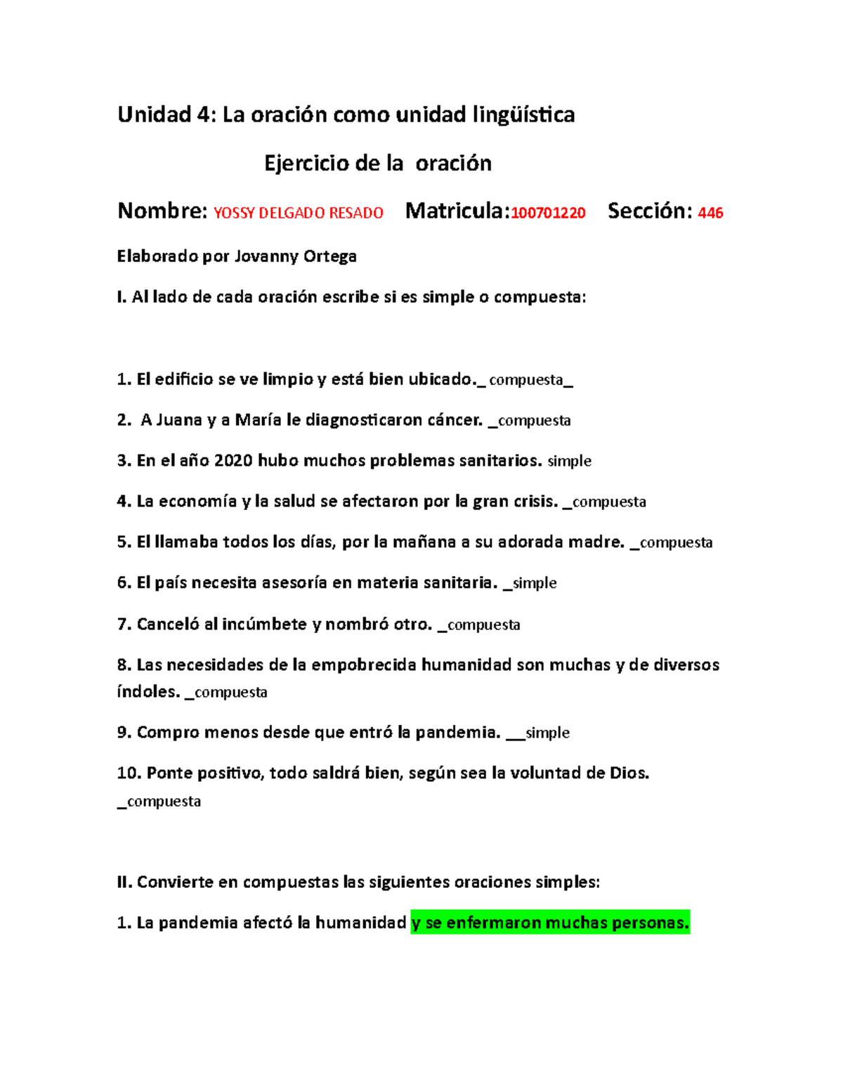 Ejercicio De La Oración - Unidad 4: La Oración Como Unidad Lingüística ...