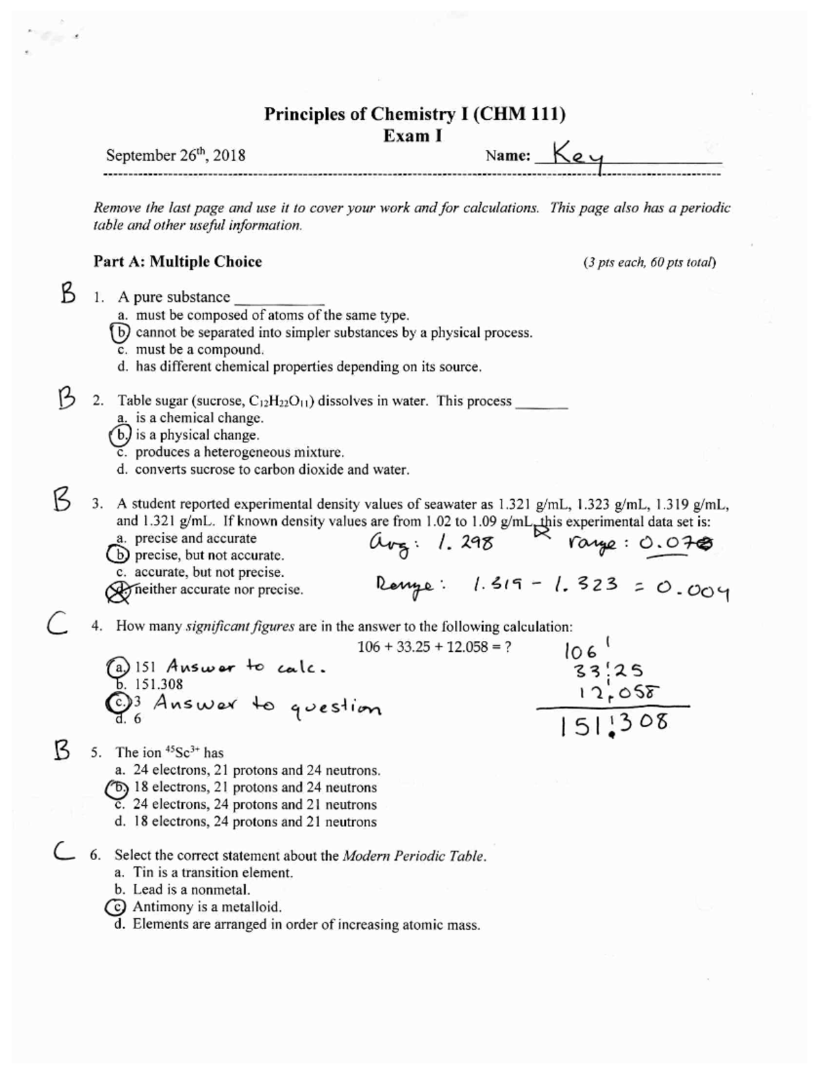 Exam 1 2018 Key - Exam 1 2018 Key - CHM 111 - Studocu
