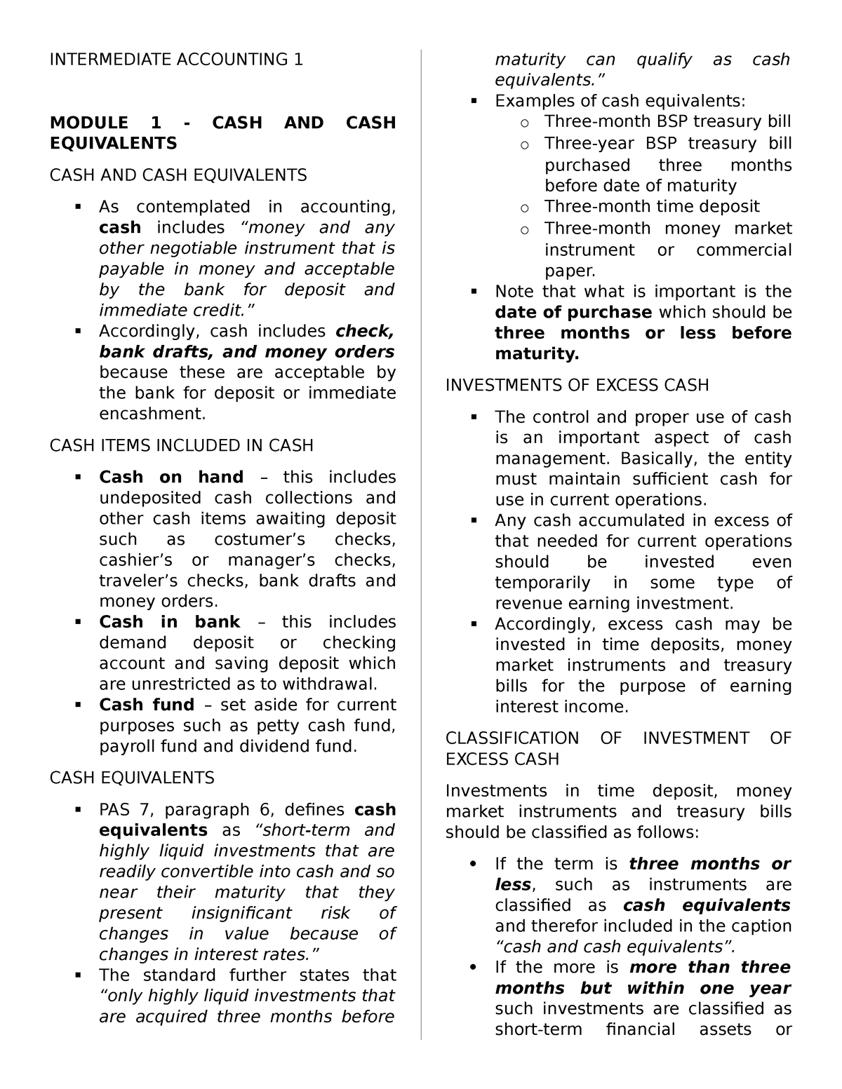 Intermediate Accounting 1 - INTERMEDIATE ACCOUNTING 1 MODULE 1 - CASH ...