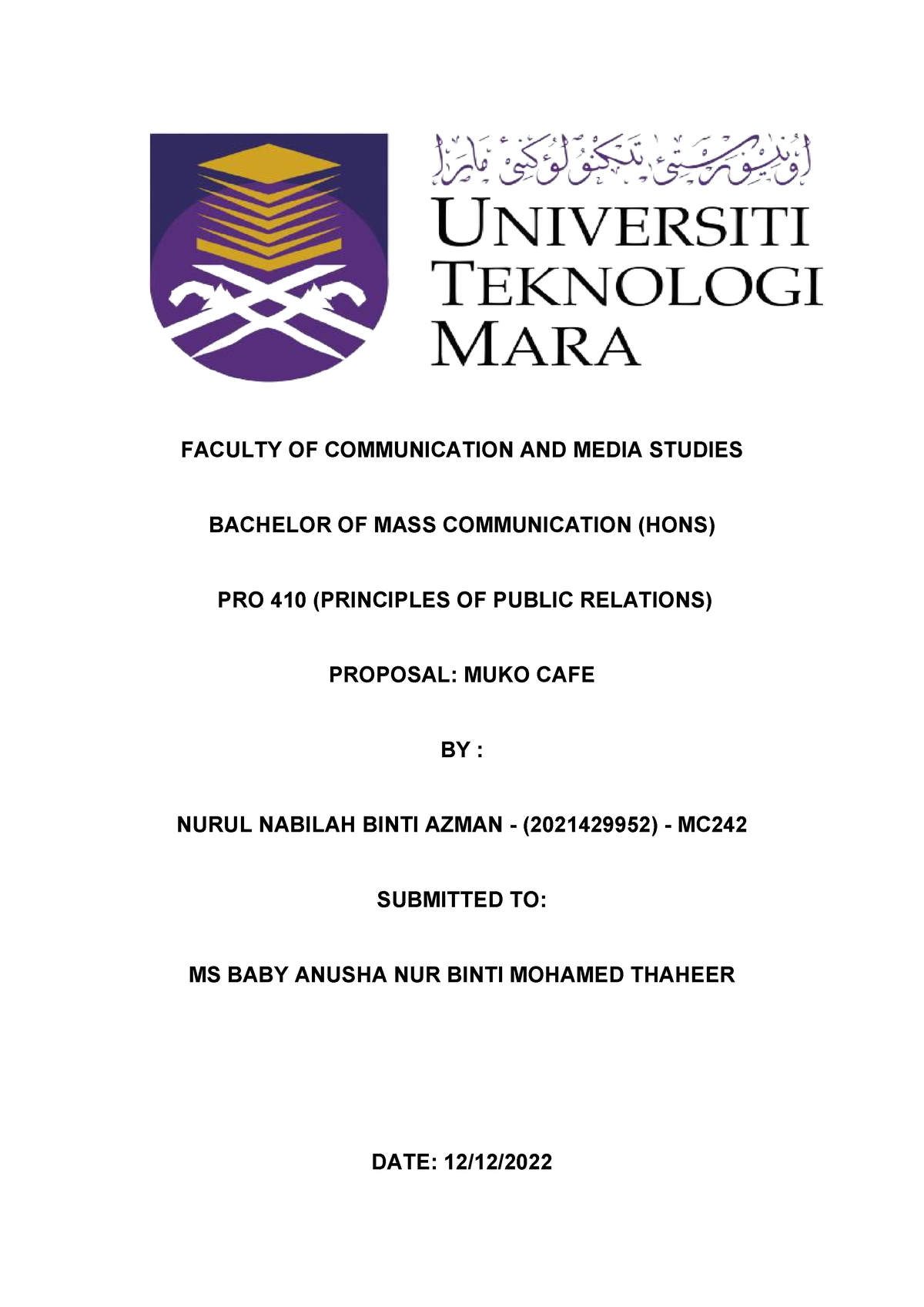 Proposal MUKO CAFE Bella - FACULTY OF COMMUNICATION AND MEDIA STUDIES ...